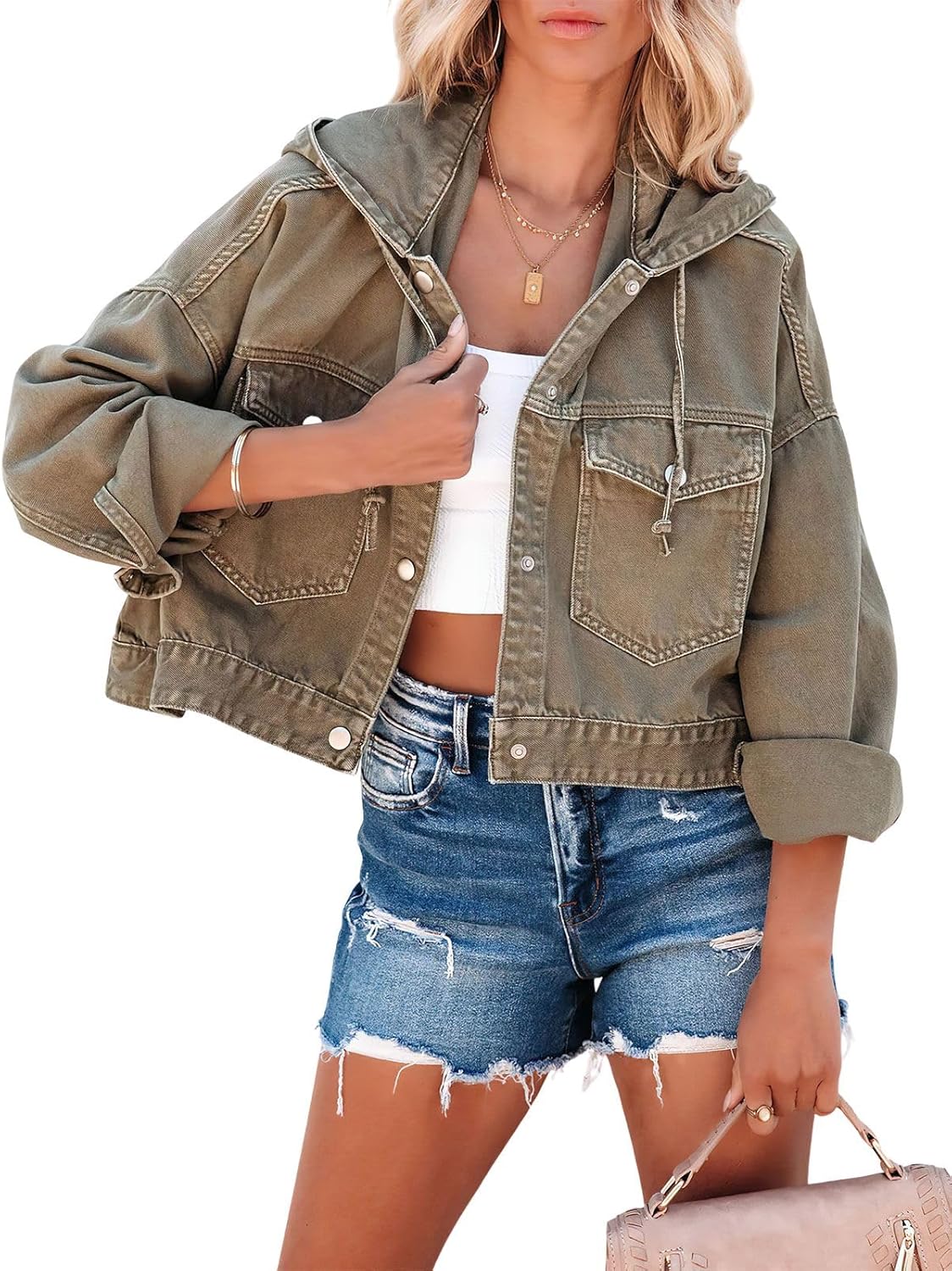 Women's Hooded Denim Jacket Olive Green Snap Button Crop Jean Jacket Oversized Long Sleeve with Pockets Fall Women's Hooded Denim Jacket Olive Green Snap Button Crop Jean Jacket Oversized Long Sleeve with Pockets Fall