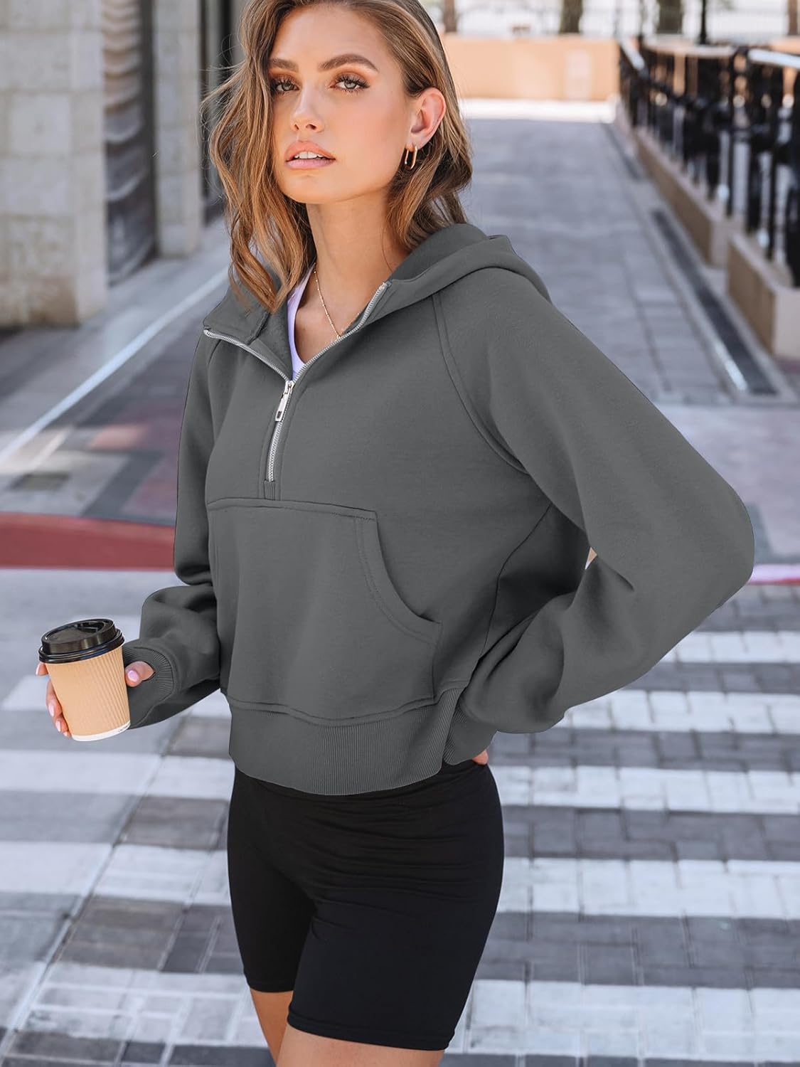 Women's Half Zip Cropped Hoodie Silver Flecked Gray Oversized Fleece Sweatshirt Long Sleeve Casual Tops