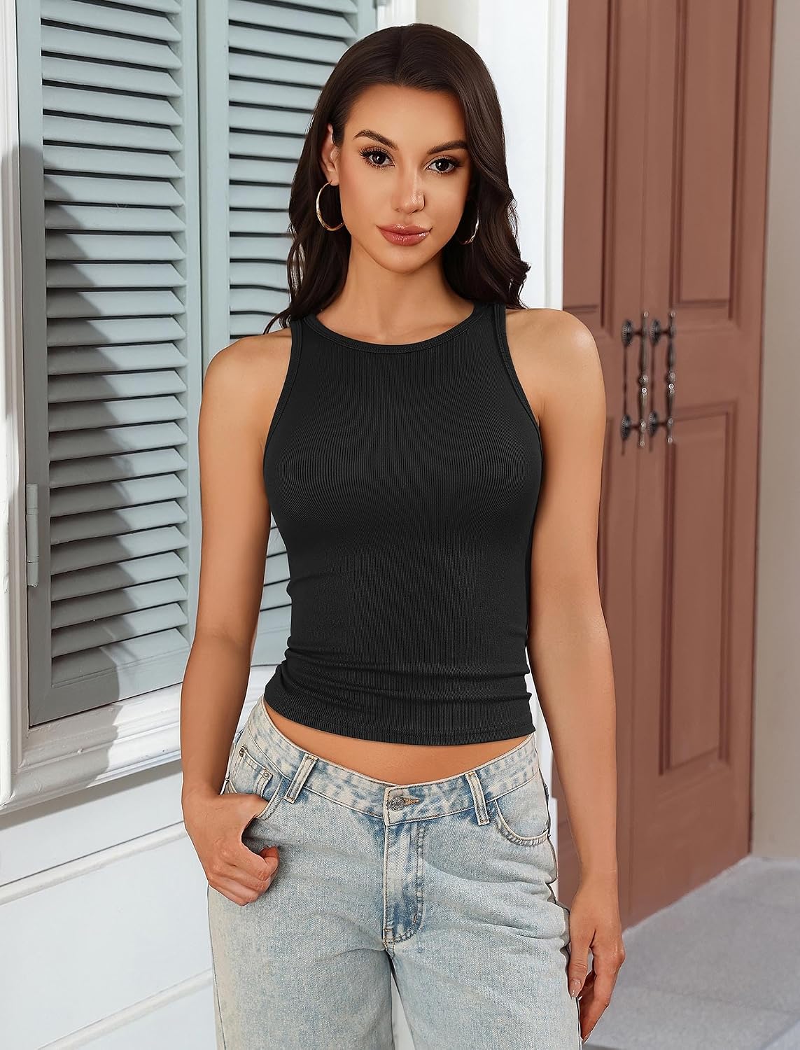 Basic Tops for Women Ribbed Mock Neck Tank Top Racerback Full Length Going Out Tops