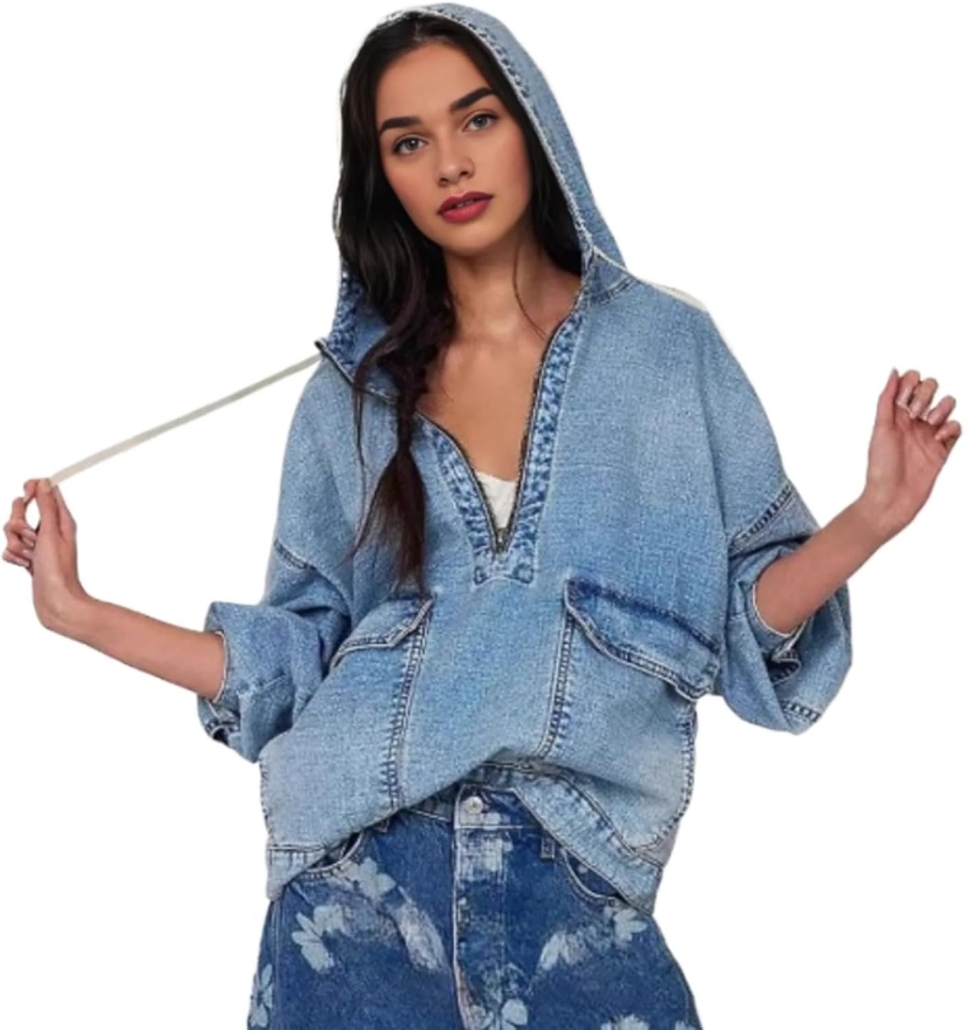 Women's Oversized Denim Hoodie Pullover Light Blue Long Sleeve Drawstring Hooded Jacket Casual Loose Streetwear