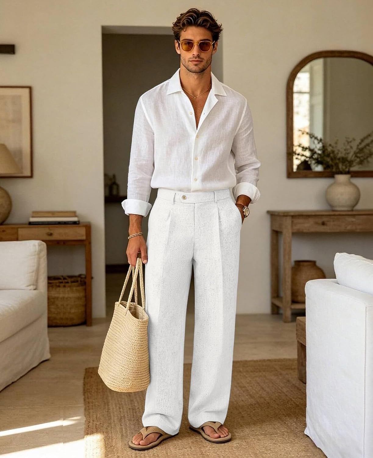 Mens Linen Casual Dress Pants Old Money Pleated Wide Leg Baggy Vintage Relaxed Fit Slacks Work Office Trousers Mens Linen Casual Dress Pants Old Money Pleated Wide Leg Baggy Vintage Relaxed Fit Slacks Work Office Trousers