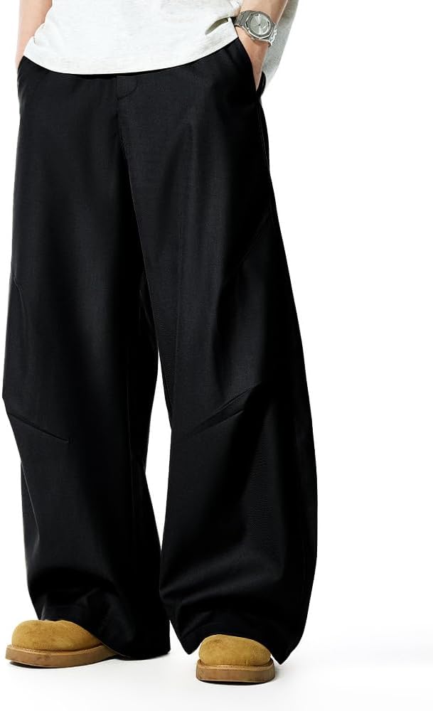 Men's Baggy Wide Leg Pants Zipper Fly Pleated Dress Pants Business Casual Long Trousers with Pocket