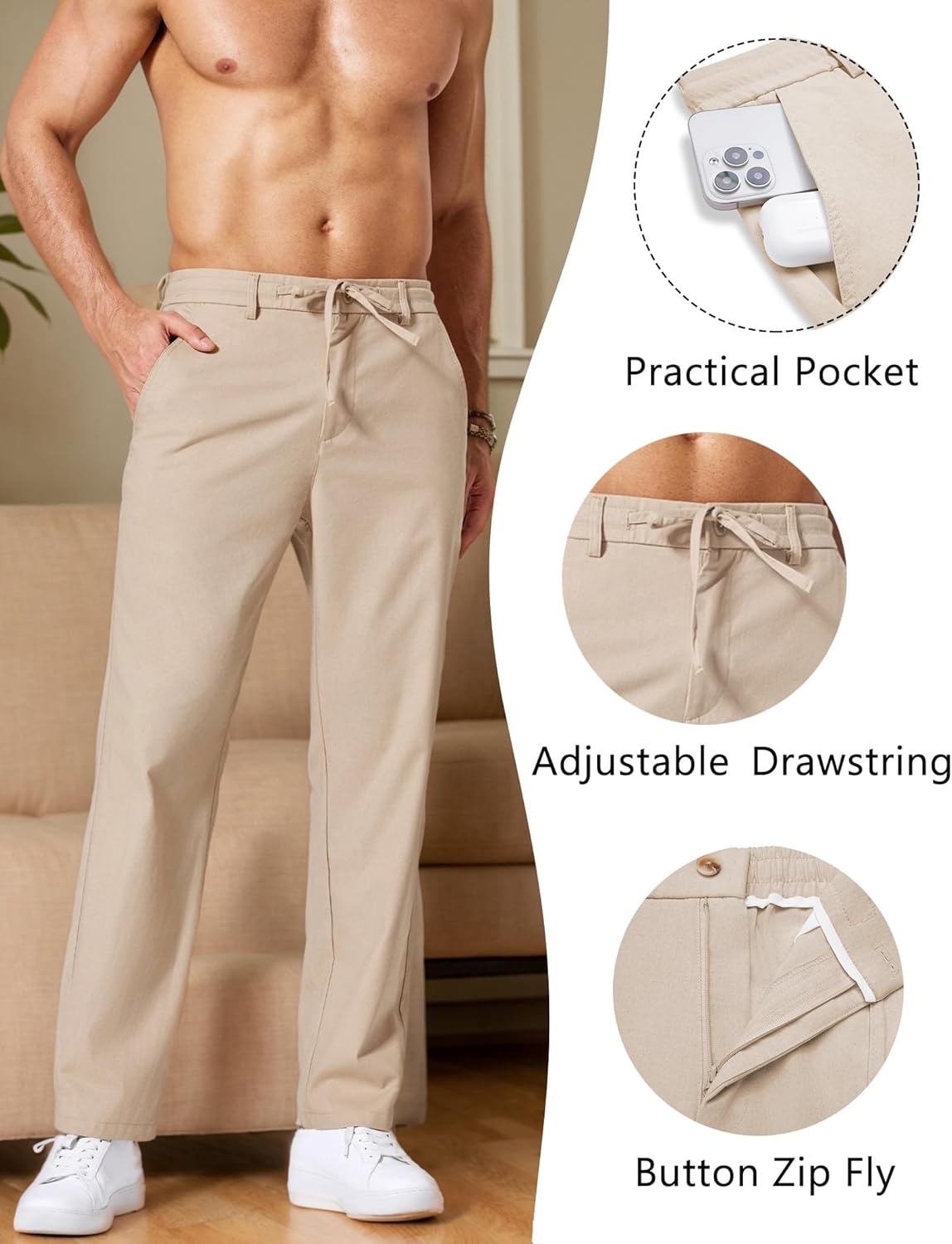 Men's Cotton Linen Pants Casual Drawstring Dress Pants Beach Summer Lightweight Trousers
