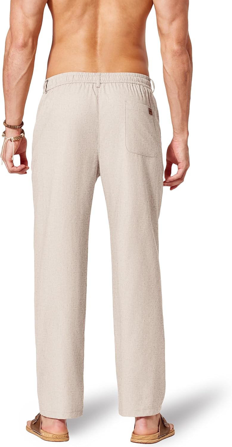 Men's Cotton Linen Pants Casual Drawstring Dress Pants Beach Summer Lightweight Trousers