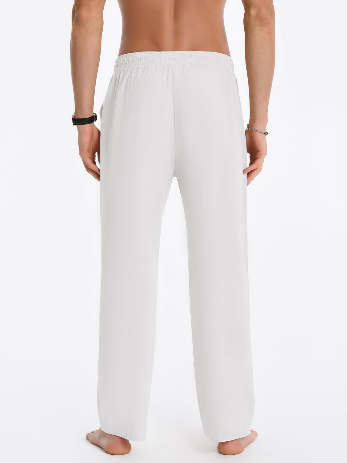 Breathable Men's Cotton Linen Pants Casual Lightweight Summer Beach Elastic Drawstring Waist Trousers
