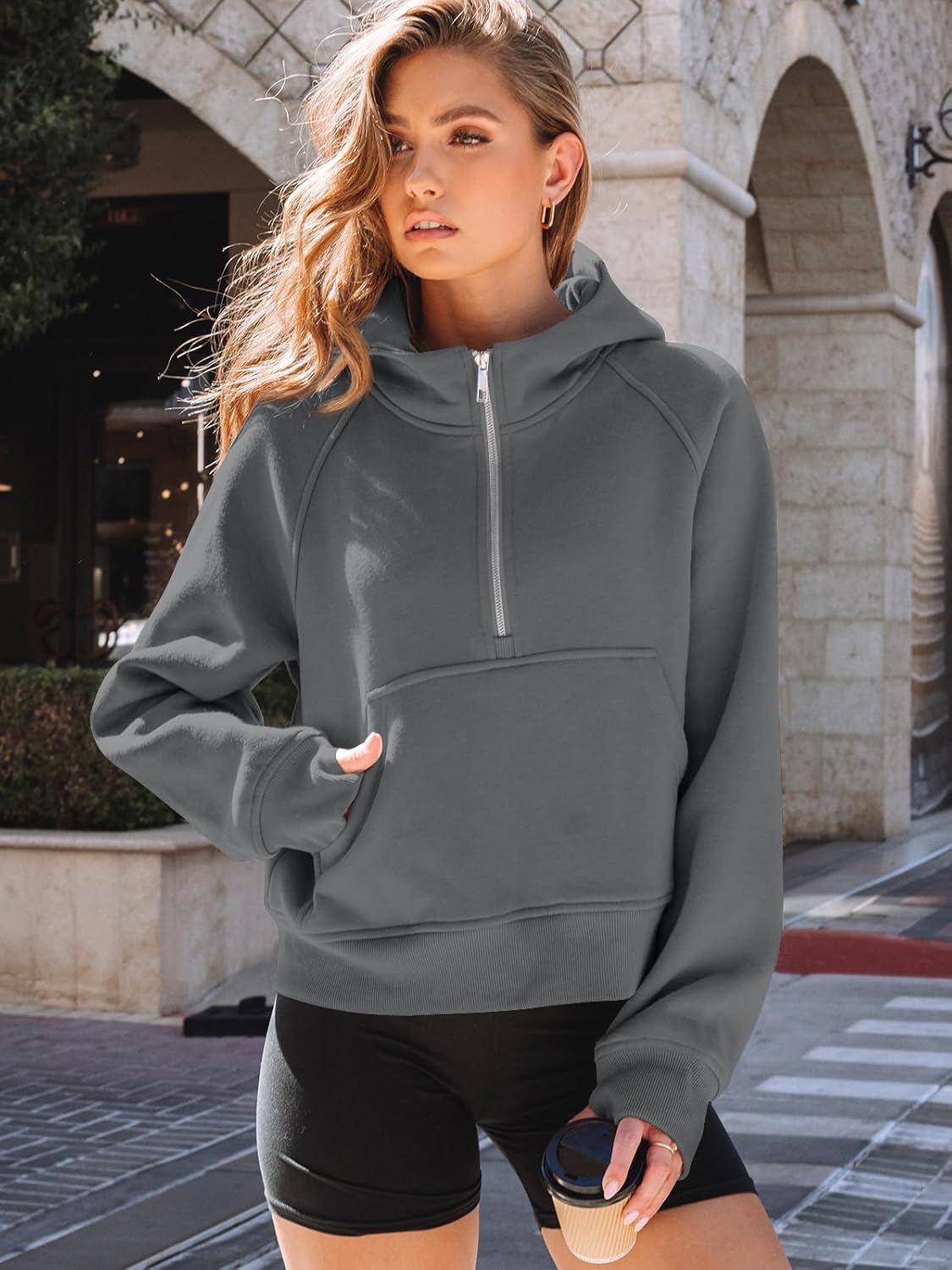 Women's Half Zip Cropped Hoodie Silver Flecked Gray Oversized Fleece Sweatshirt Long Sleeve Casual Tops