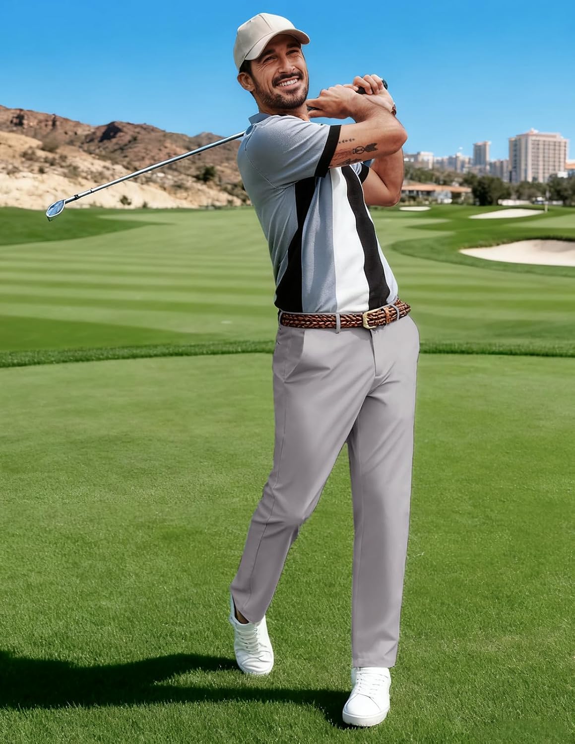 Men's Golf Pants Casual Stretch Slim Fit Tapered Dress Pants Lightweight Wrinkle Free Trousers