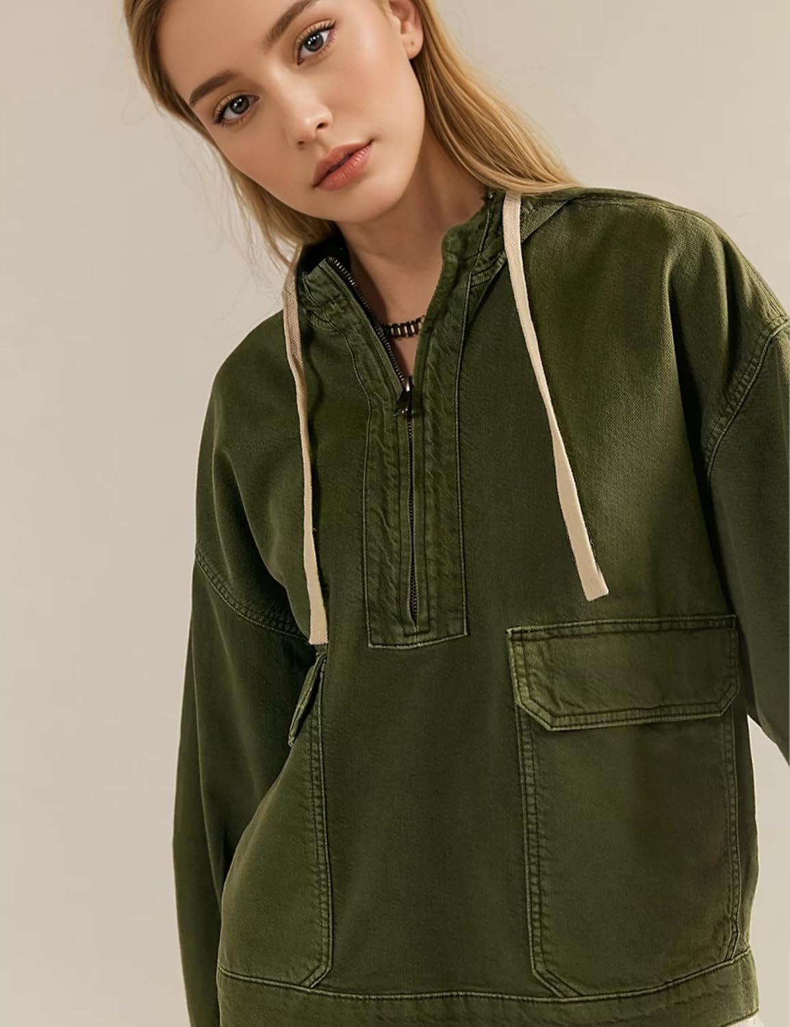 Women's Oversized Hooded Quilted Jacket Olive Green Half Zip Pullover Coat with Pockets Long Sleeve Casual Fall