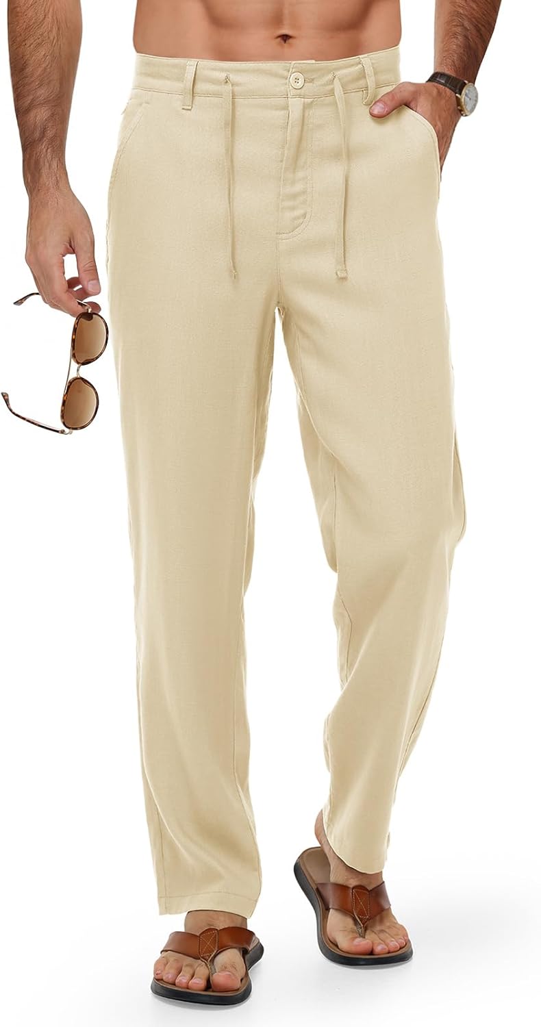 Men's Linen Pants Casual Travel 5 Pockets Lightweight Breathable Dress Pants Summer Beach Work Trousers