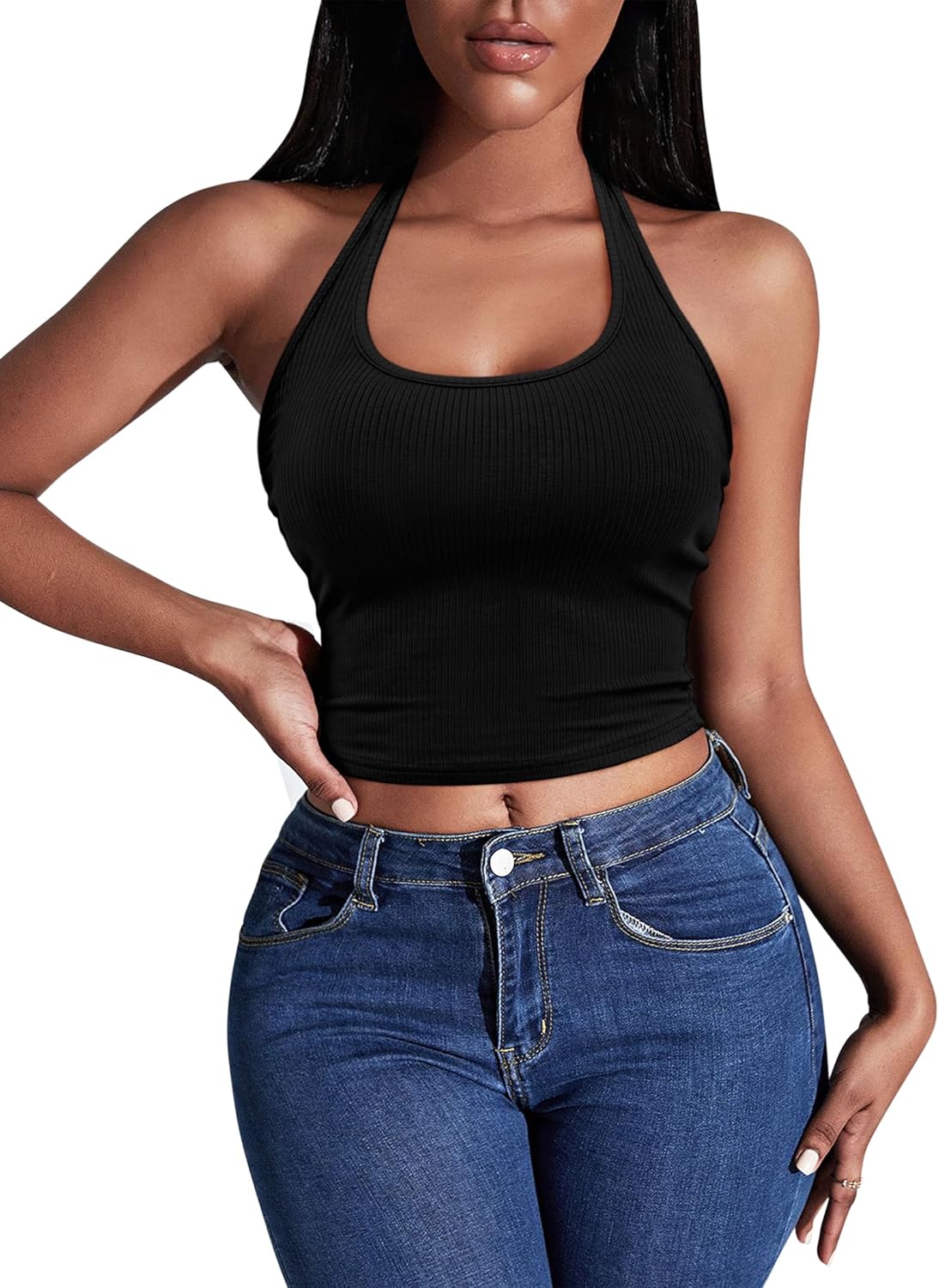 Women Halter Top Backless Scroop Neck Slim Stretchy Ribbed Knit Camisole Crop Tops Women Halter Top Backless Scroop Neck Slim Stretchy Ribbed Knit Camisole Crop Tops