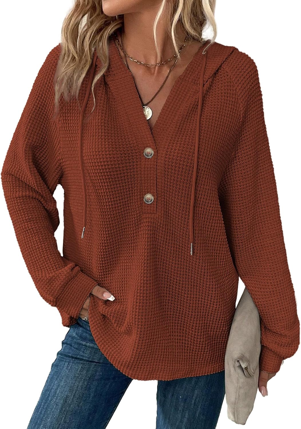 Hoodies for Women Waffle Knit Rust Orange Drawstring Button Neck Hooded Pullover Long Sleeve Casual Loose Tops