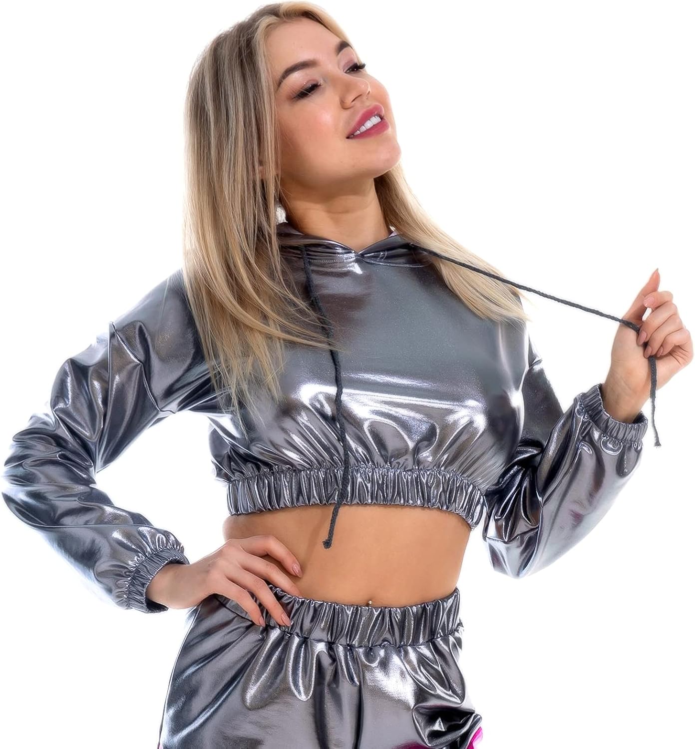 Womens Shiny Metallic Crop Top Hoodies Drawstring Long Sleeve Wet Look Pullover Holographic Sweatshirts Club Wear Womens Shiny Metallic Crop Top Hoodies Drawstring Long Sleeve Wet Look Pullover Holographic Sweatshirts Club Wear