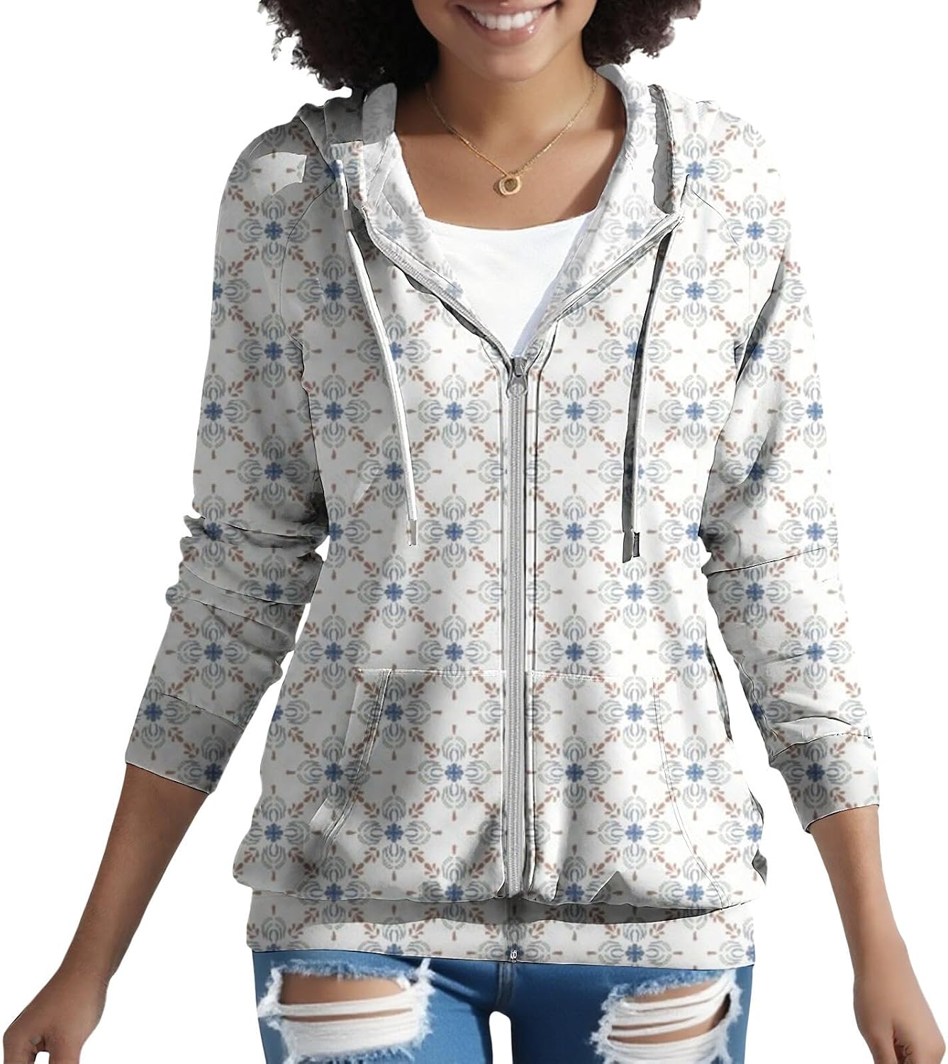 Women's Full Zip Up Hoodie Ethnic Vintage Damask Print Jacket Long Sleeve Fall Trendy Drawstring Casual Lightweight Coat with Pockets Women's Full Zip Up Hoodie Ethnic Vintage Damask Print Jacket Long Sleeve Fall Trendy Drawstring Casual Lightweight Coat with Pockets