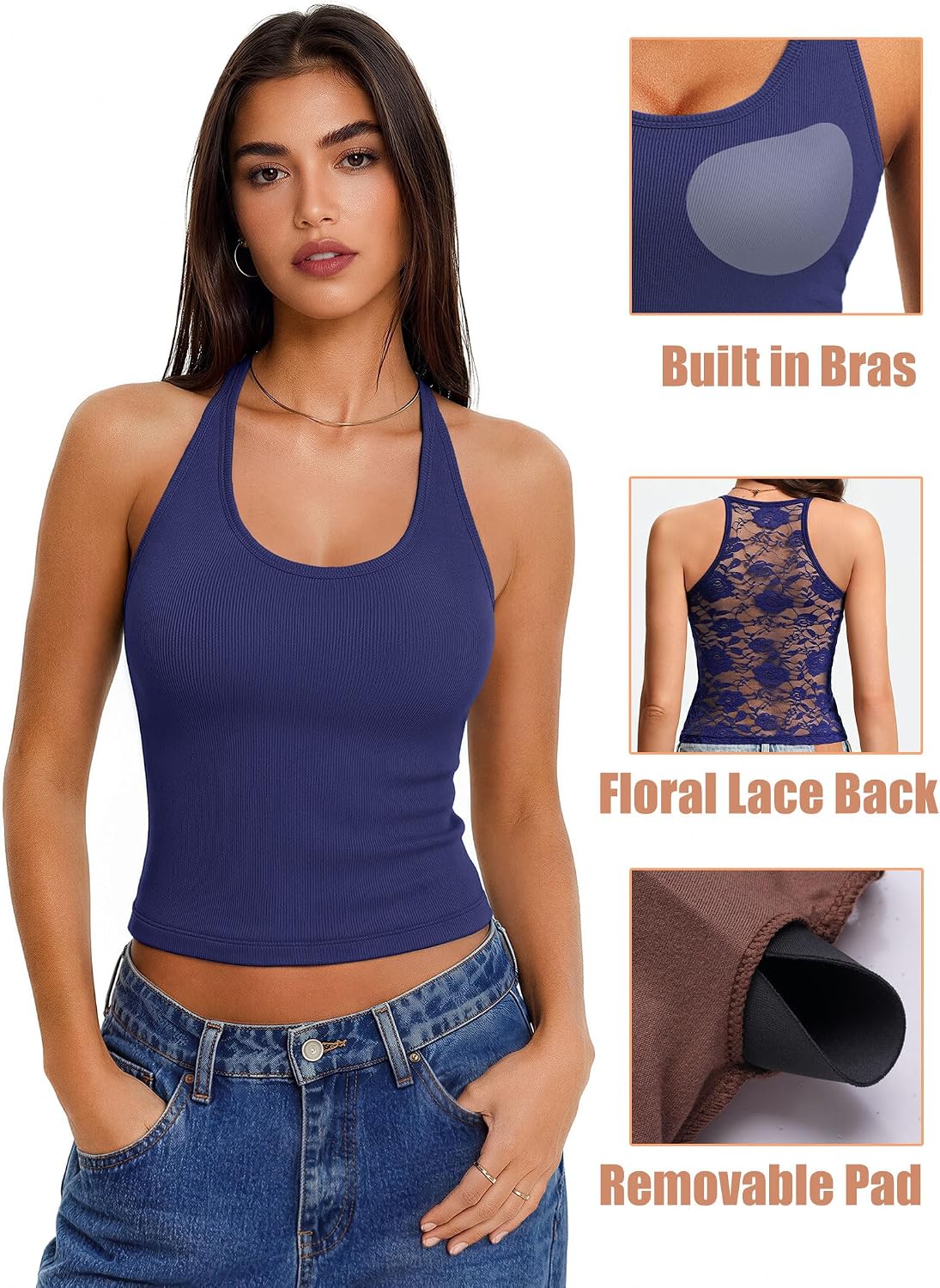 Tank Tops with Built in Bras Ribbed Lace Racerback Work Out Tank Top Yoga Gym Going Out Tops Womens Summer Outfits