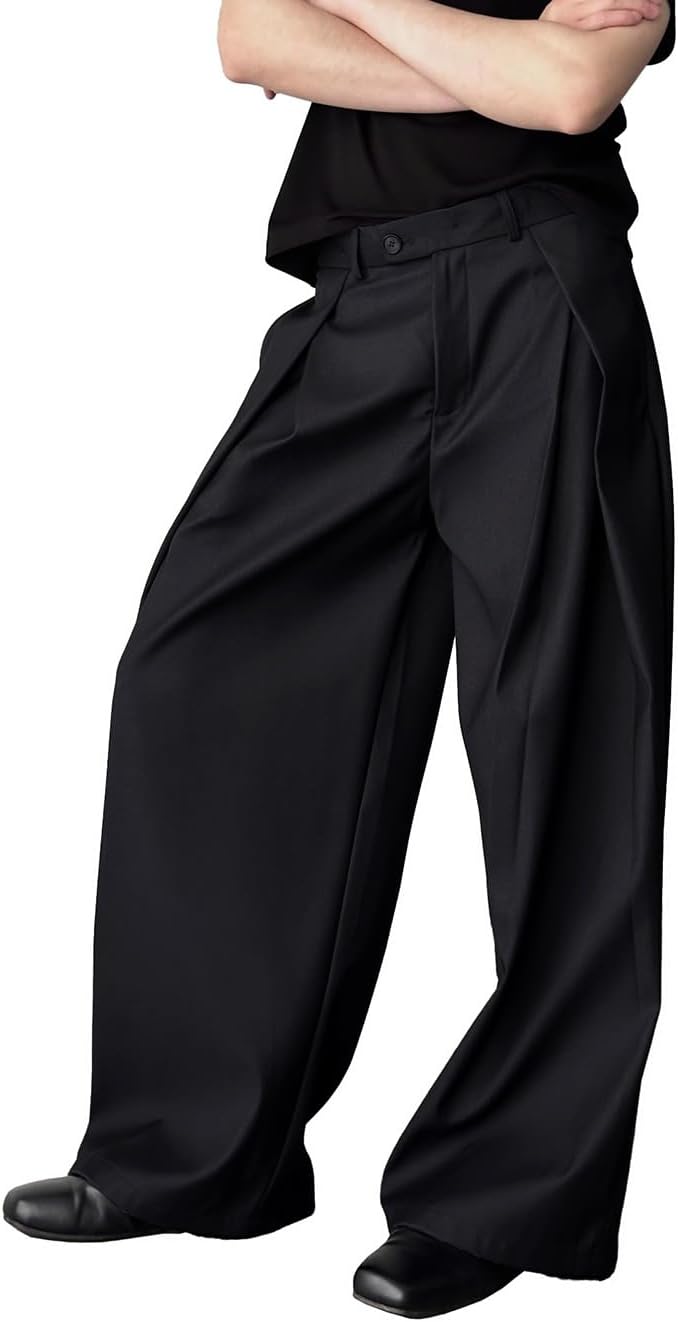Men's Baggy Wide Leg Pants Zipper Fly Pleated Trousers Casual Dress Pants with Pocket