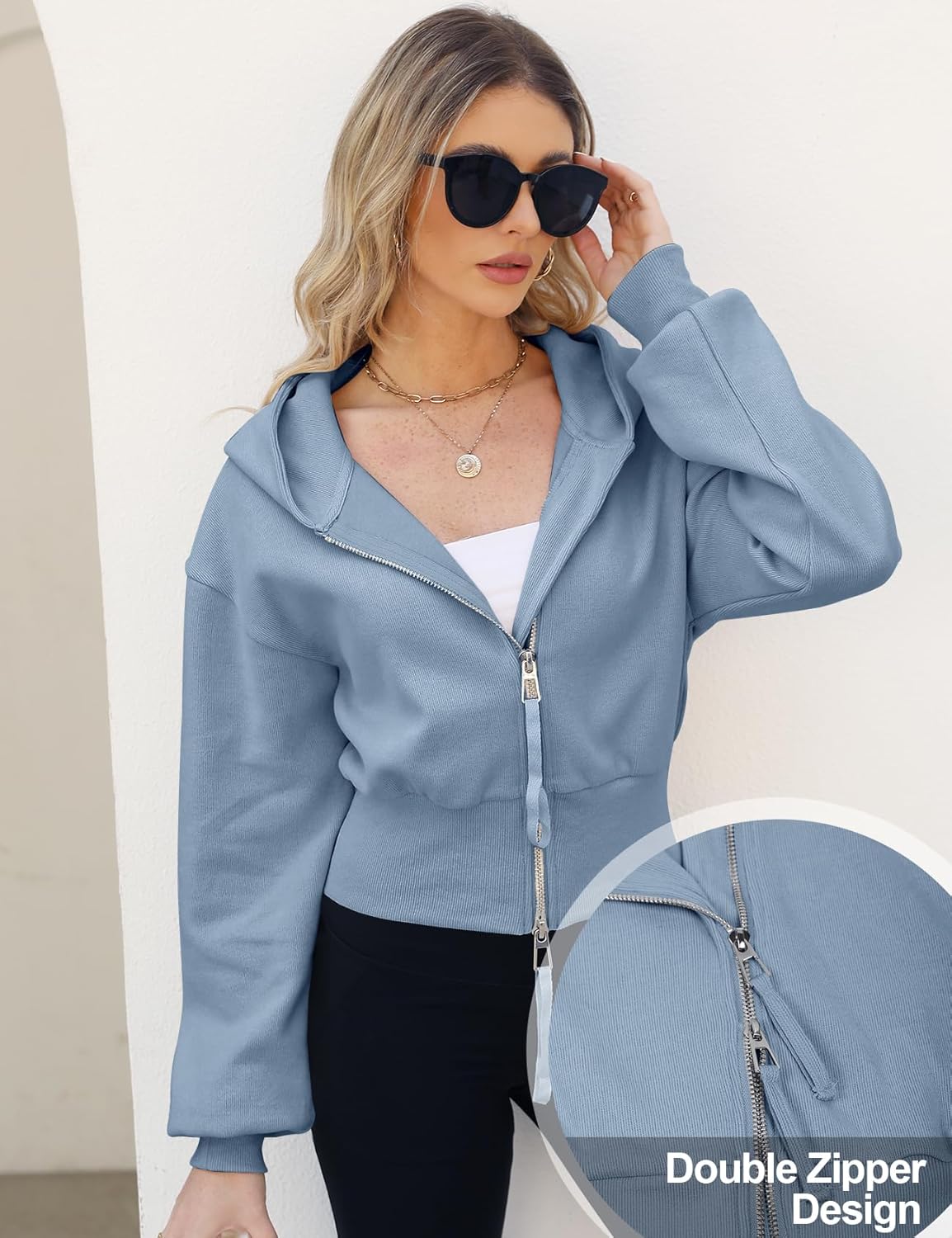 Cropped Hoodie Women Zip Up Ribbed Knit Dusty Blue Balloon Sleeve Sweatshirts Casual Fashion Hooded Crop Top Cropped Hoodie Women Zip Up Ribbed Knit Dusty Blue Balloon Sleeve Sweatshirts Casual Fashion Hooded Crop Top