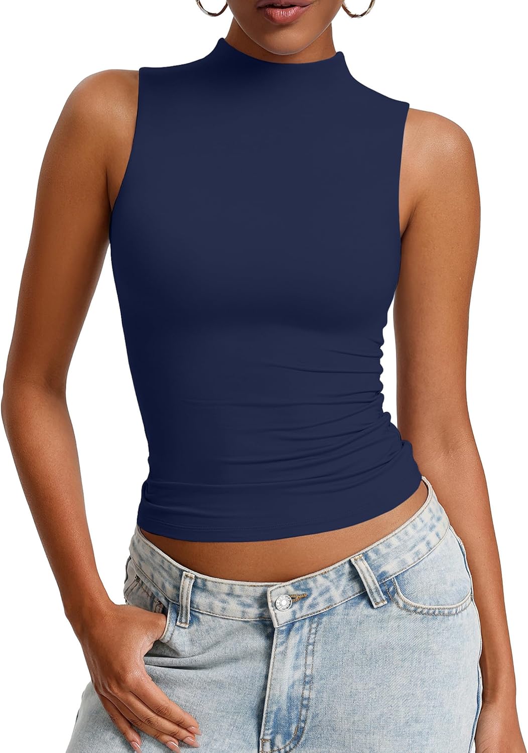 Womens Mock Turtle Neck Tank Top Double Lined Basic Tops Going Out Y2K Tops Fitted Summer Outfits