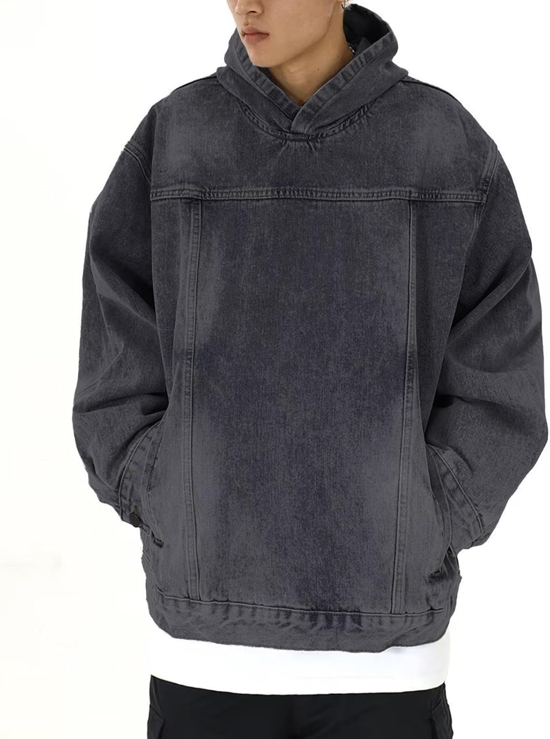 Oversized Hoodies for Men Washed Black Acid Wash Denim Hoodie Hooded Pullover Sweatshirt Boyfriend Vintage Streetwear Oversized Hoodies for Men Washed Black Acid Wash Denim Hoodie Hooded Pullover Sweatshirt Boyfriend Vintage Streetwear