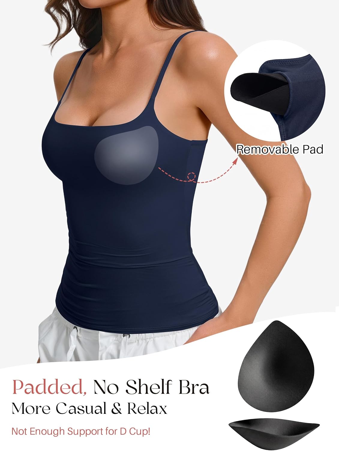 Womens Padded Cami Tank Tops Double Lined Spaghetti Strap Built in Bra Shirts Slim Fitted Basic Camisole Top