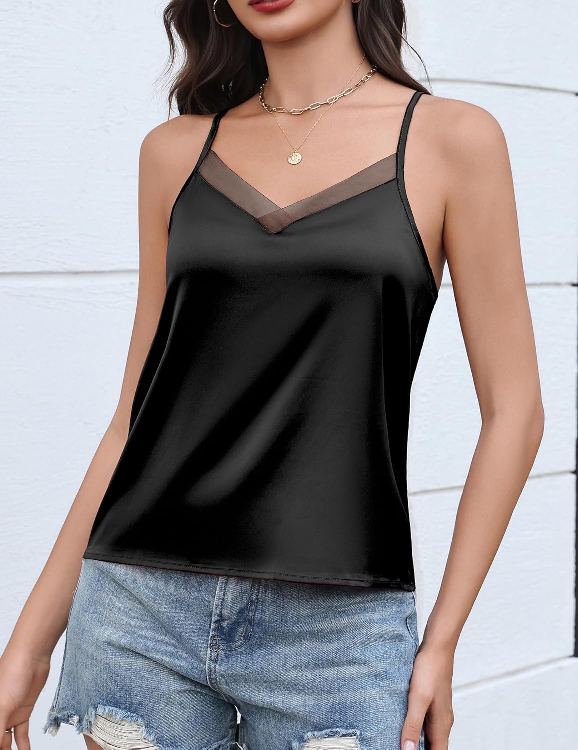 Womens Silk Satin Tank Tops V Neck Camisole Soft Adjustable Spaghetti Strap Summer Basic Shirt