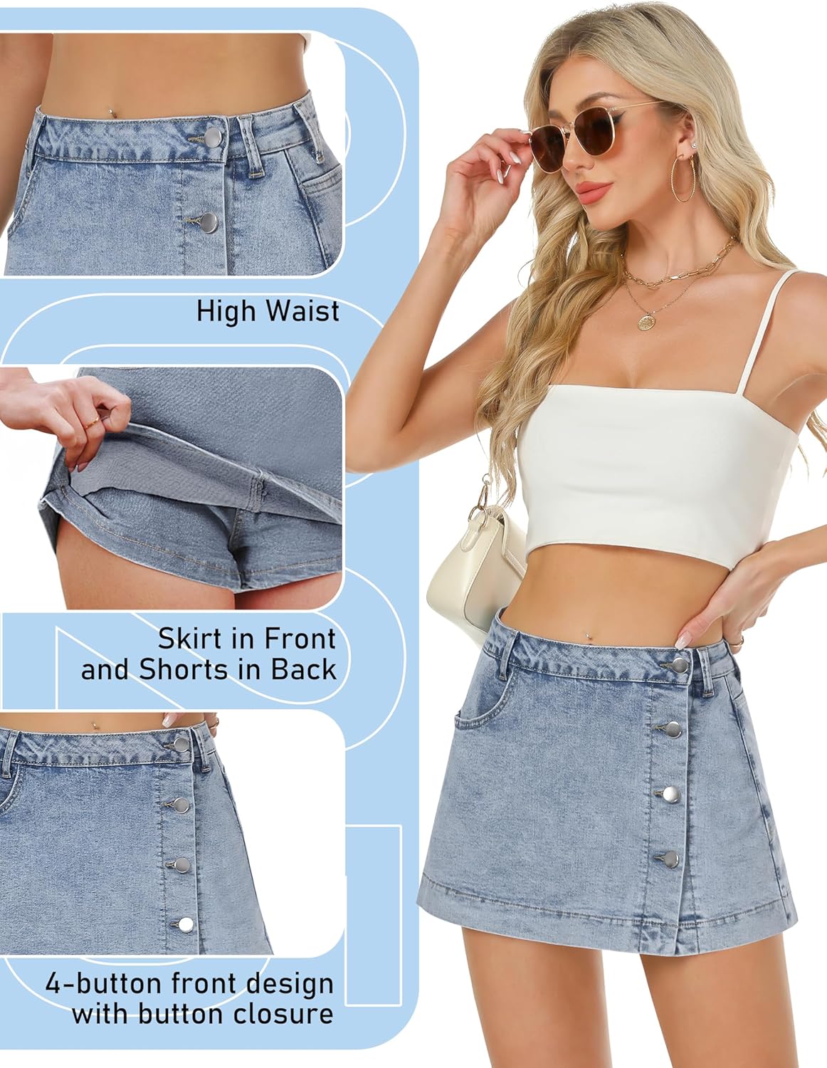 Skort for Women Trendy Slit Mini Skirt Casual Stretchy Jean Skirt with Shorts Summer Short Skirt
