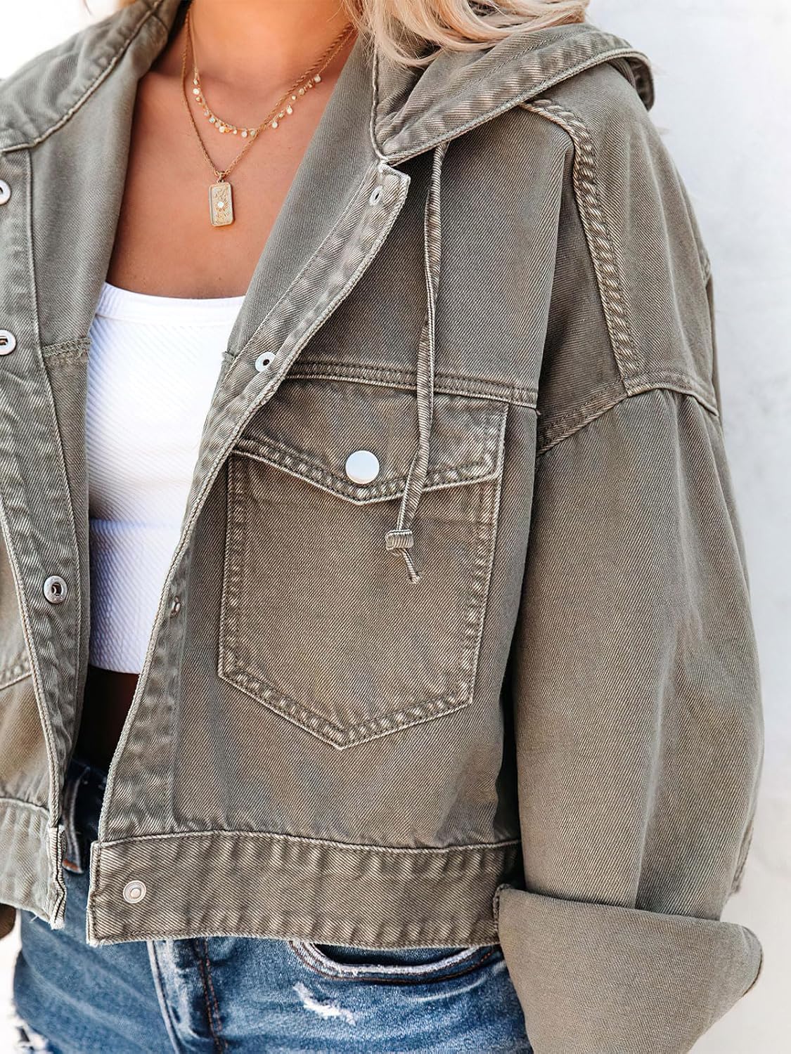 Women's Hooded Denim Jacket Olive Green Snap Button Crop Jean Jacket Oversized Long Sleeve with Pockets Fall Women's Hooded Denim Jacket Olive Green Snap Button Crop Jean Jacket Oversized Long Sleeve with Pockets Fall