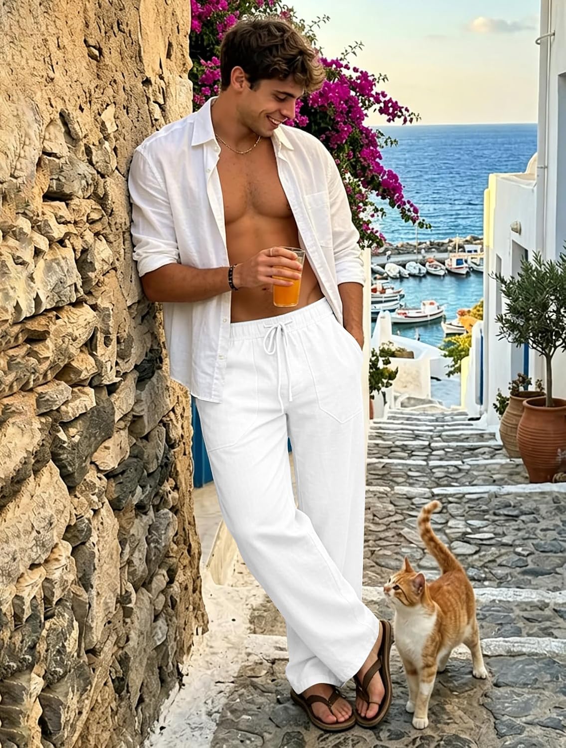 Breathable Men's Cotton Linen Pants Casual Lightweight Summer Beach Elastic Drawstring Waist Trousers