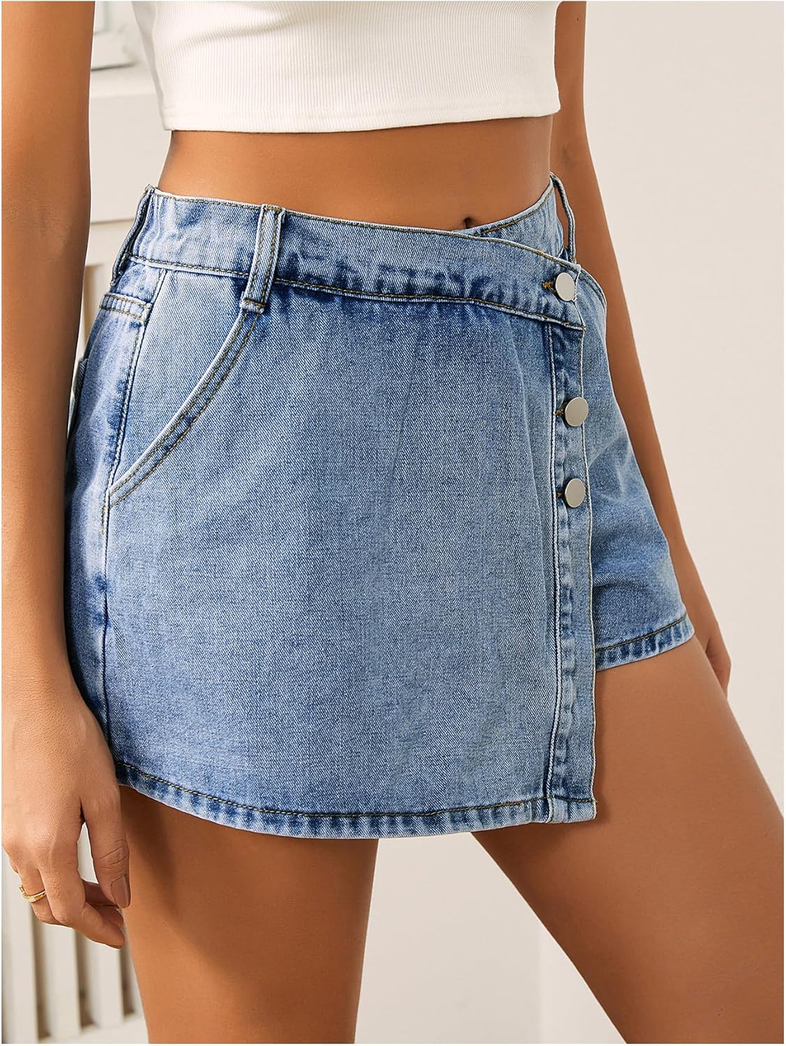 Women's High Waisted Button Front Skort Asymmetrical Hem Skirt Shorts
