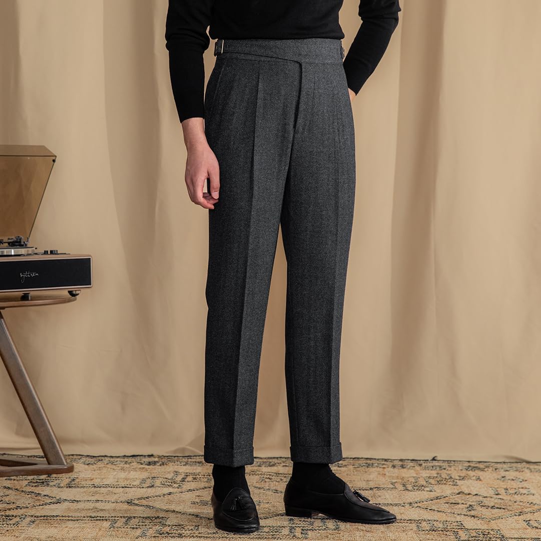 Men Trousers Vintage Tweed Blend Pants Herringbone Slim Fit Pleat-Front Pant Men Trousers Vintage Tweed Blend Pants Herringbone Slim Fit Pleat-Front Pant