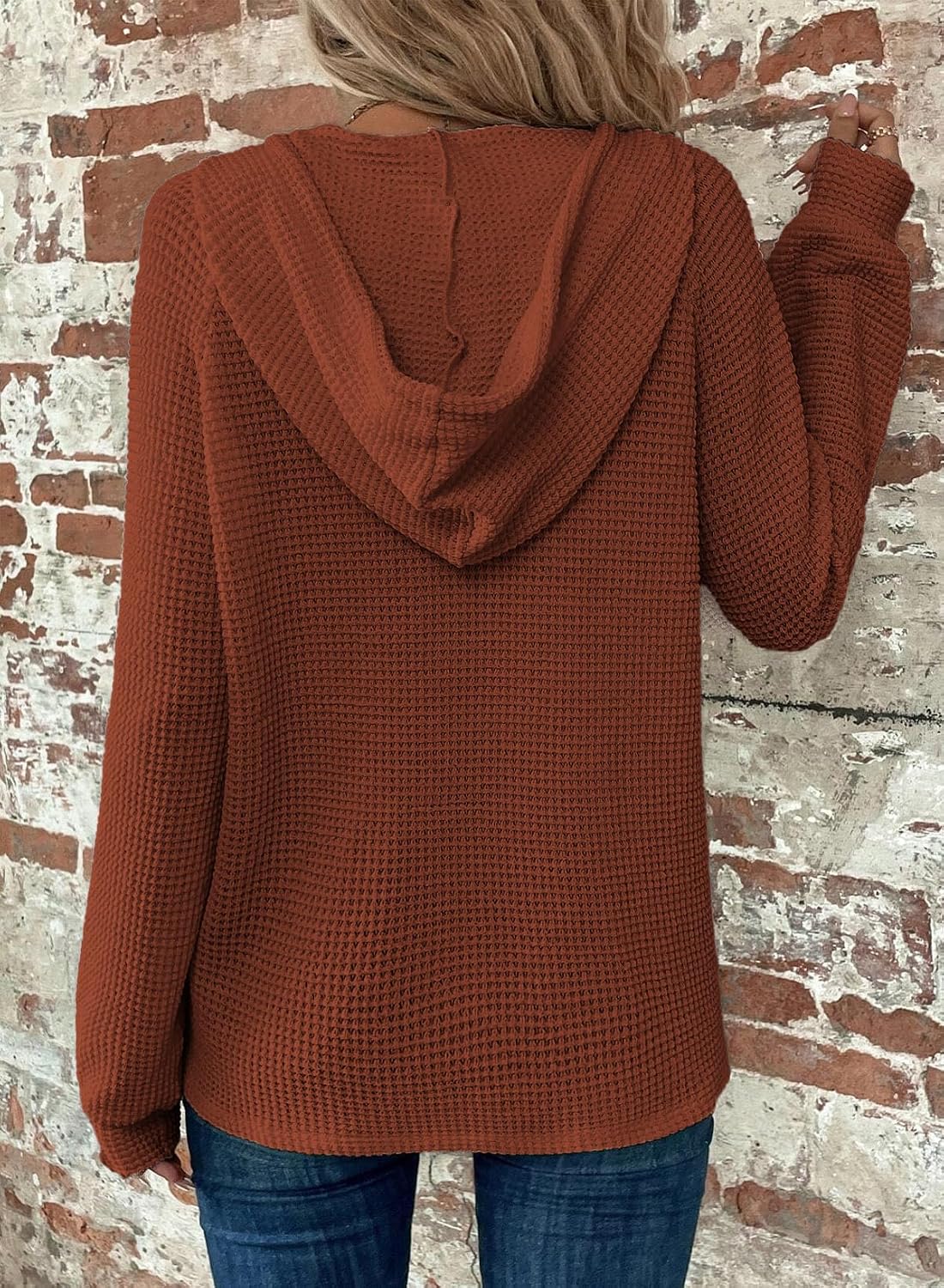 Hoodies for Women Waffle Knit Rust Orange Drawstring Button Neck Hooded Pullover Long Sleeve Casual Loose Tops Hoodies for Women Waffle Knit Rust Orange Drawstring Button Neck Hooded Pullover Long Sleeve Casual Loose Tops