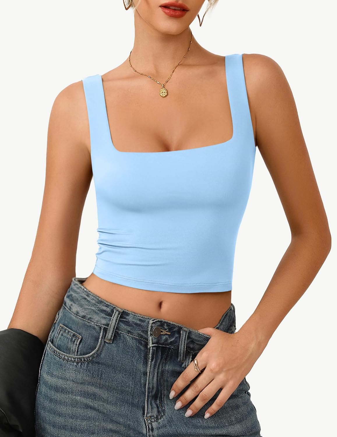 Women's Square Neck Crop Top Double Lined Seamless Tank Fitted Basic Summer Cute Going Out Top