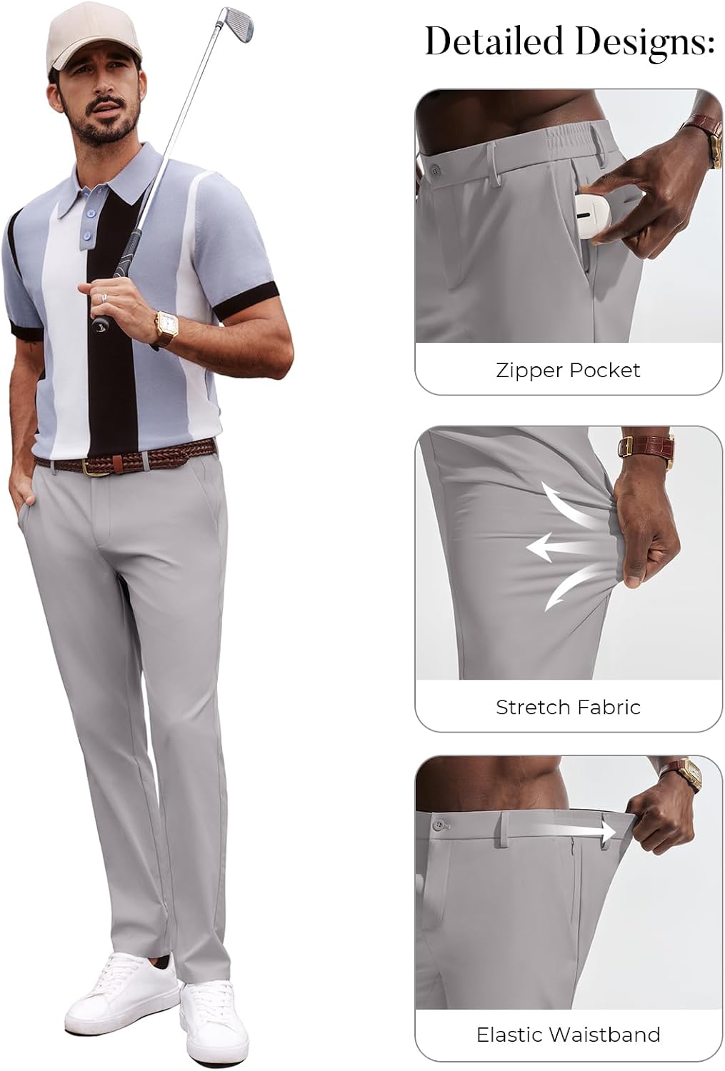 Men's Golf Pants Casual Stretch Slim Fit Tapered Dress Pants Lightweight Wrinkle Free Trousers
