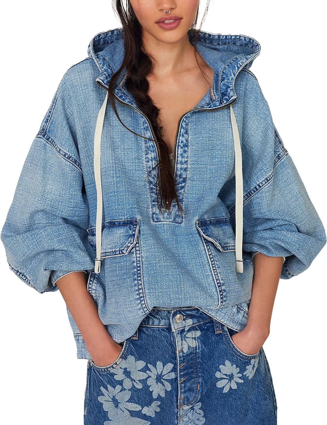 Women's Denim Anorak Hoodie Half Zip Light Wash Blue Oversized Balloon Sleeve Hooded Jacket with Pockets Casual Women's Denim Anorak Hoodie Half Zip Light Wash Blue Oversized Balloon Sleeve Hooded Jacket with Pockets Casual