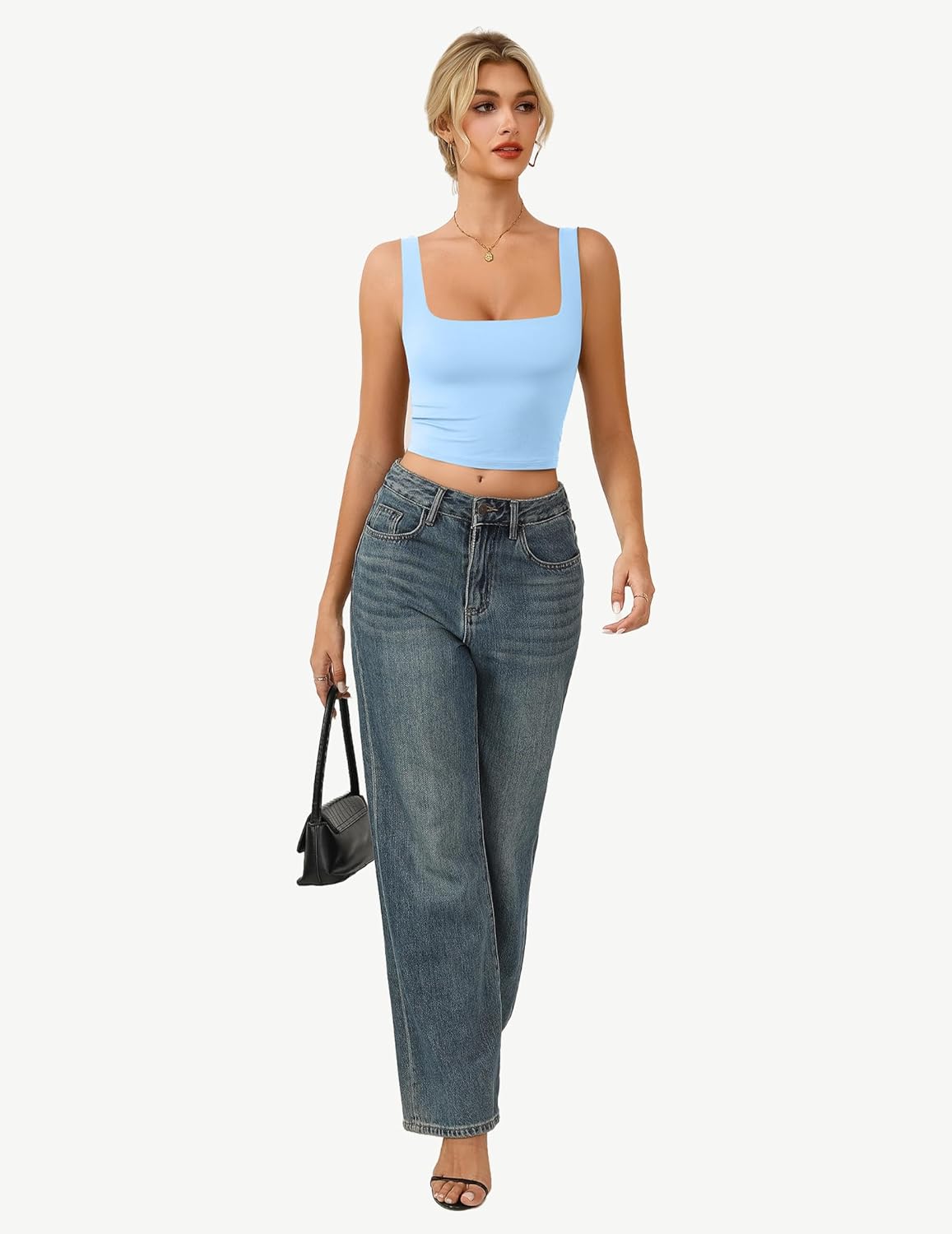 Women's Square Neck Crop Top Double Lined Seamless Tank Fitted Basic Summer Cute Going Out Top
