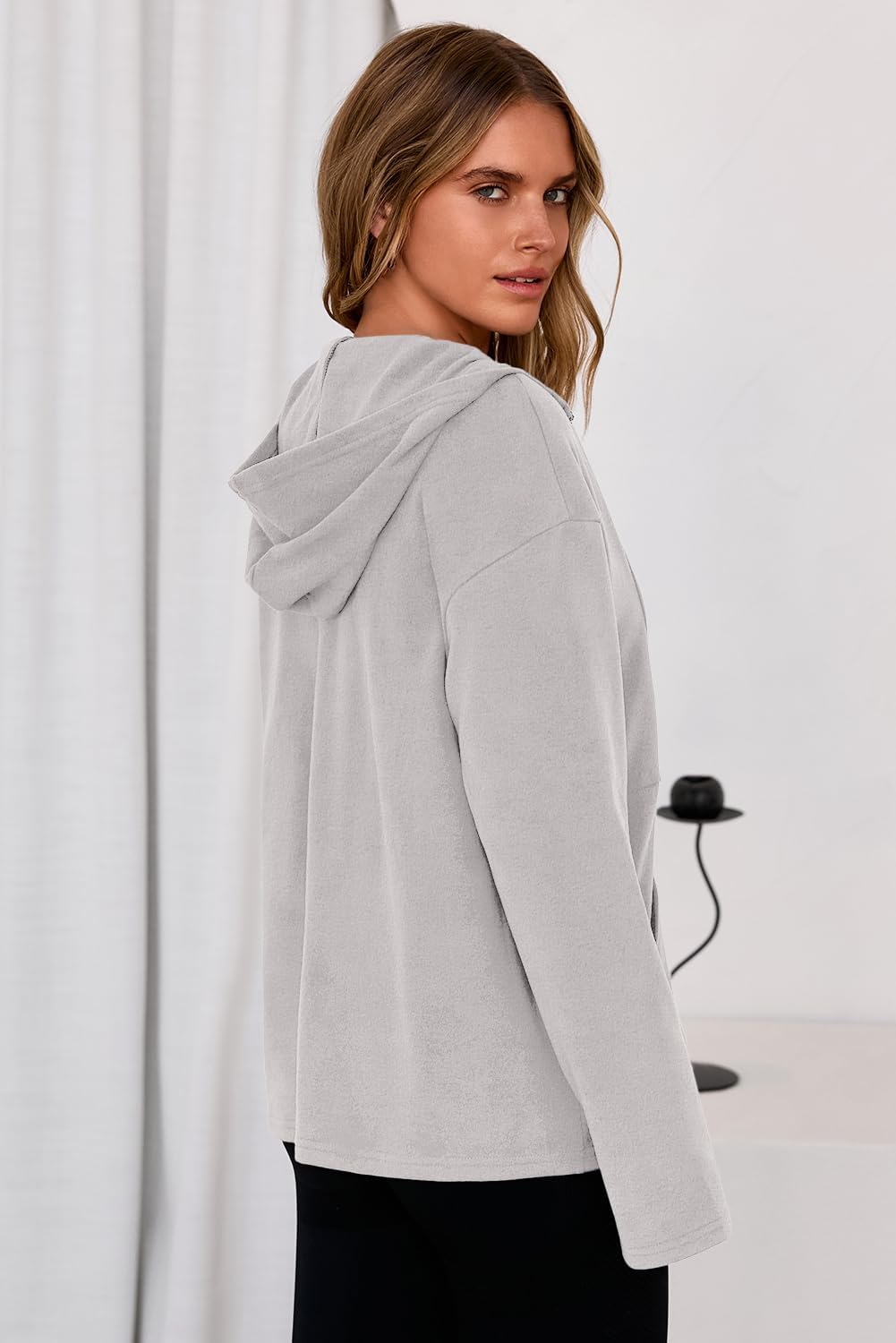 Women's Half Zip Hoodie Denim Checker Blue Oversized Hooded Sweatshirt Long Sleeve Casual Loose Jacket