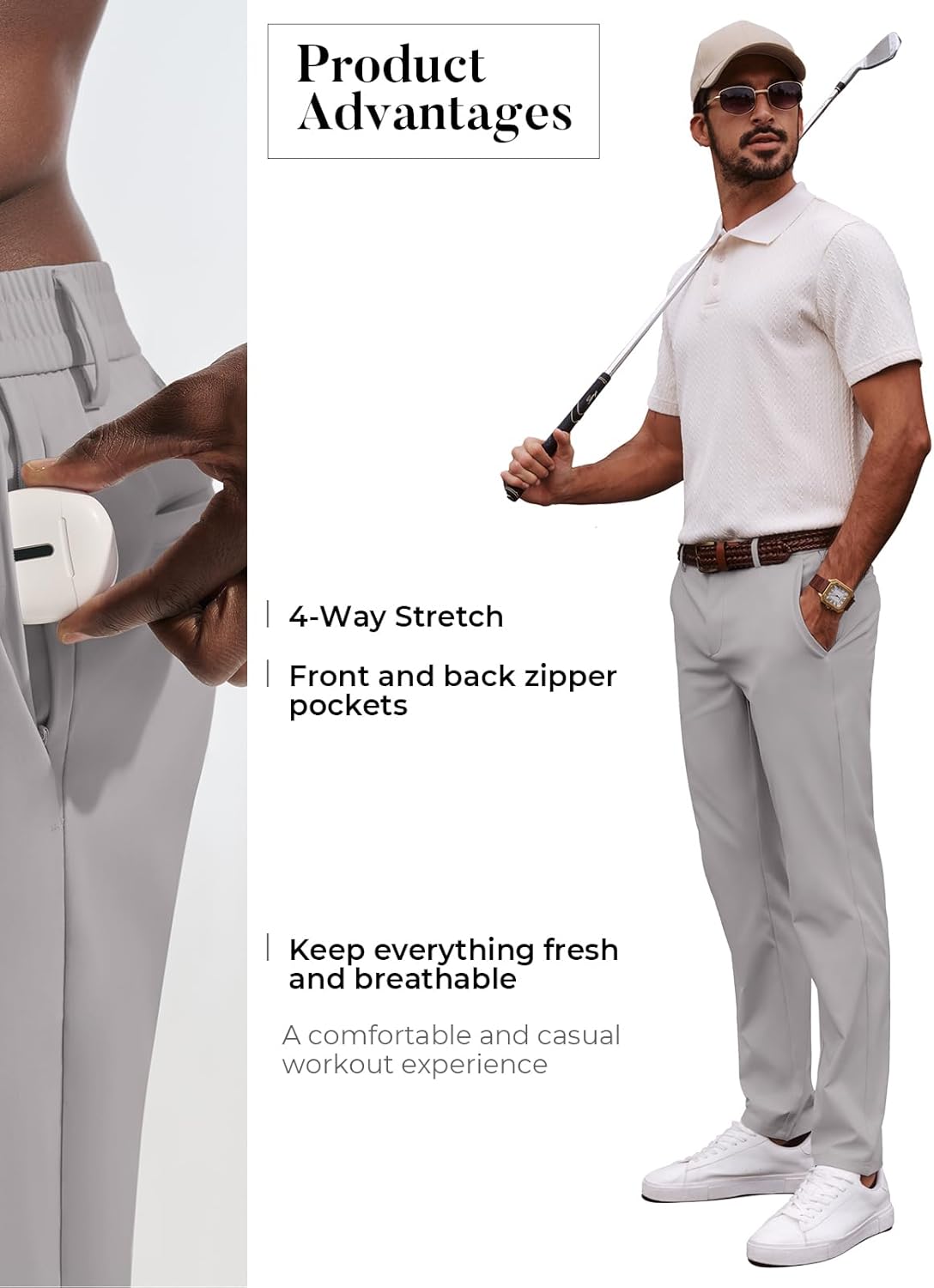 Men's Golf Pants Casual Stretch Slim Fit Tapered Dress Pants Lightweight Wrinkle Free Trousers