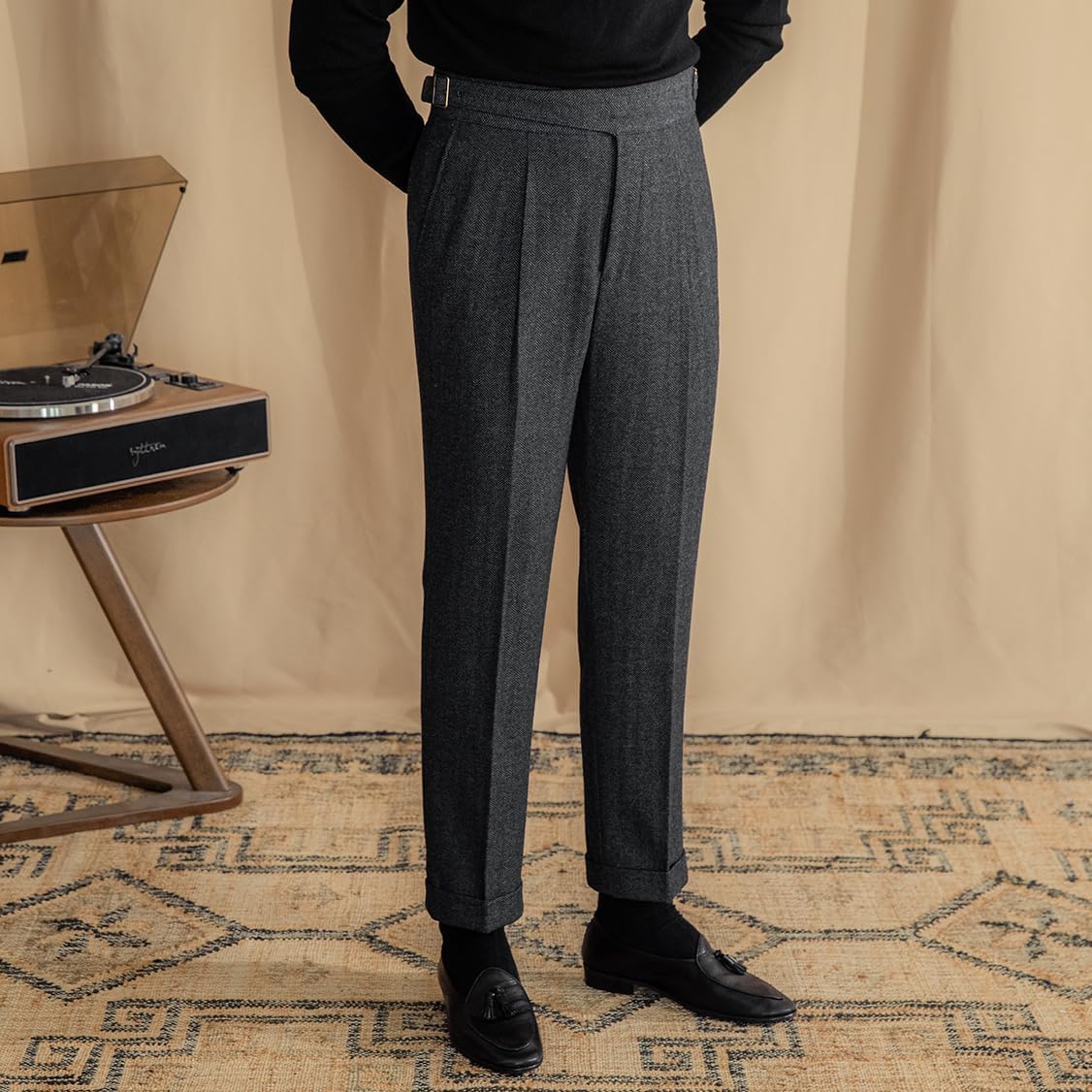 Men Trousers Vintage Tweed Blend Pants Herringbone Slim Fit Pleat-Front Pant Men Trousers Vintage Tweed Blend Pants Herringbone Slim Fit Pleat-Front Pant