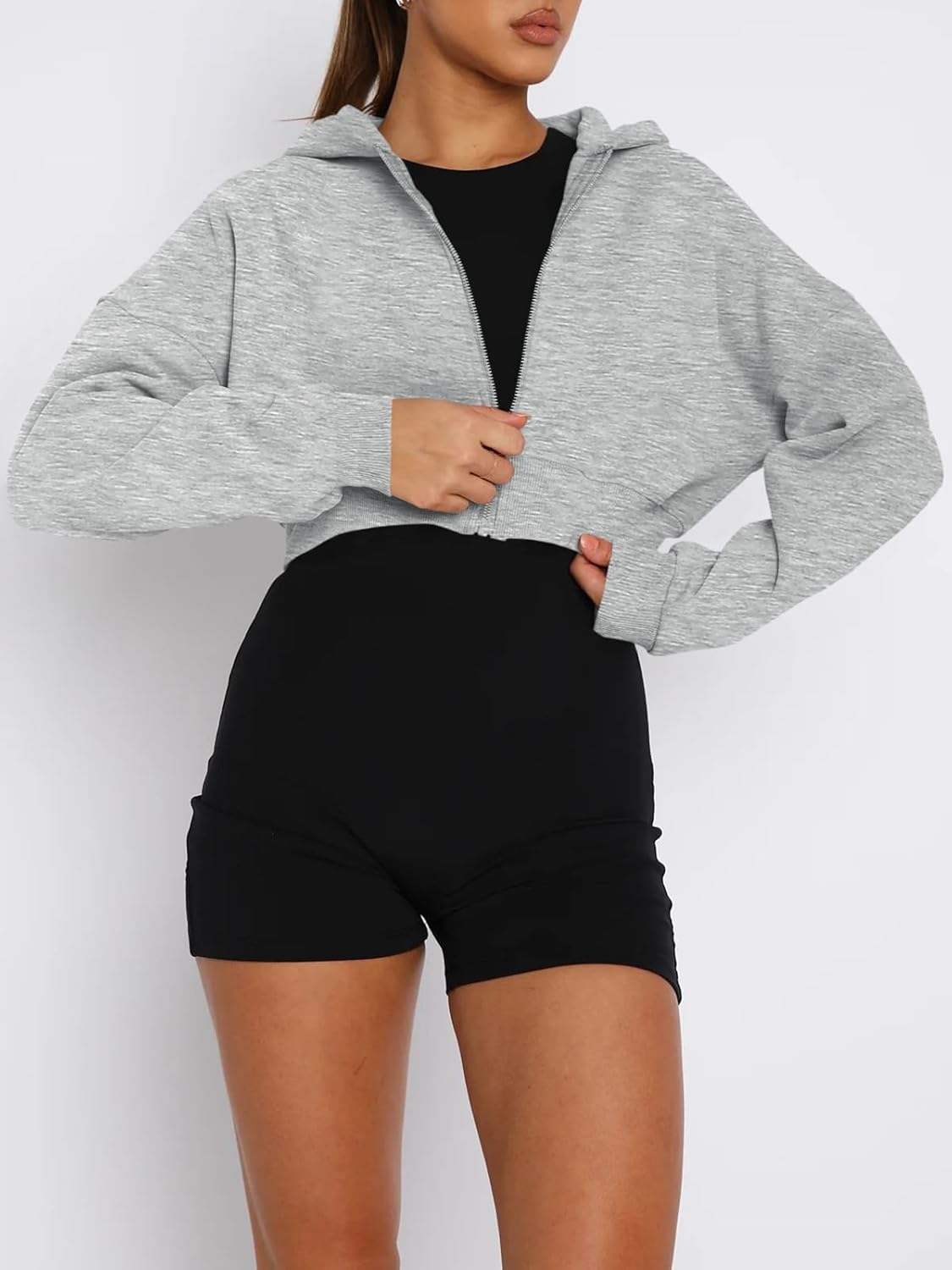 Women's Cropped Zip Up Hoodie Heather Gray Long Sleeve Casual Loose Y2K Sweatshirts Dropped Shoulder Tops Women's Cropped Zip Up Hoodie Heather Gray Long Sleeve Casual Loose Y2K Sweatshirts Dropped Shoulder Tops