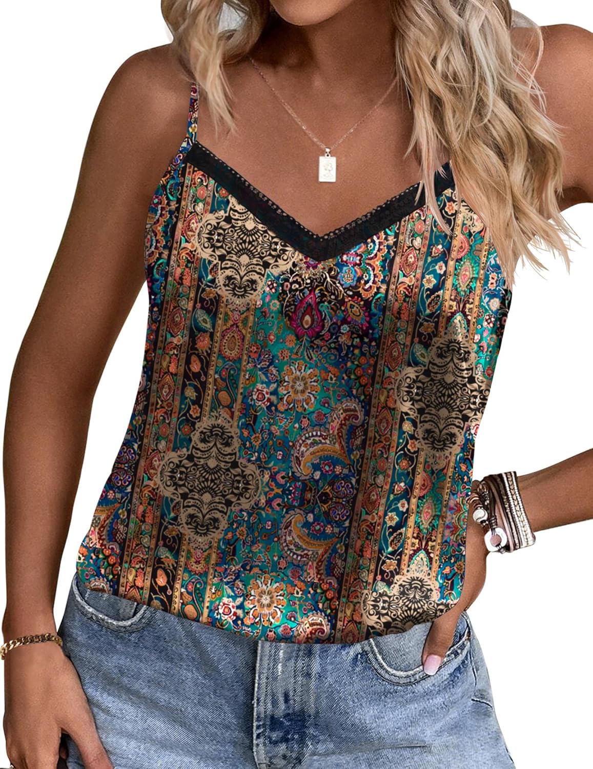 Women's Lace Silk Satin Pajama Tank Tops V Neck Camisole Soft Spaghetti Strap Tops Loose Sleepwear