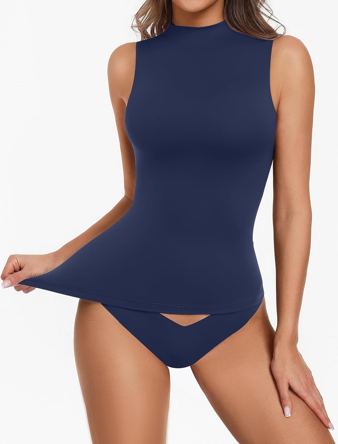 Womens Mock Turtle Neck Tank Top Double Lined Basic Tops Going Out Y2K Tops Fitted Summer Outfits