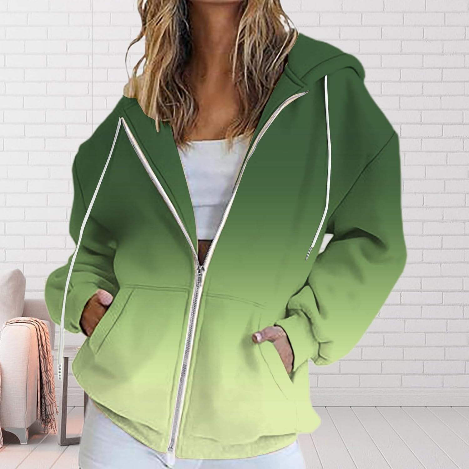 Gradient Ombre Zip Up Hoodie Jacket for Women Green Oversized Long Sleeve Drawstring with Pockets Loose Fall Casual Sweatshirt