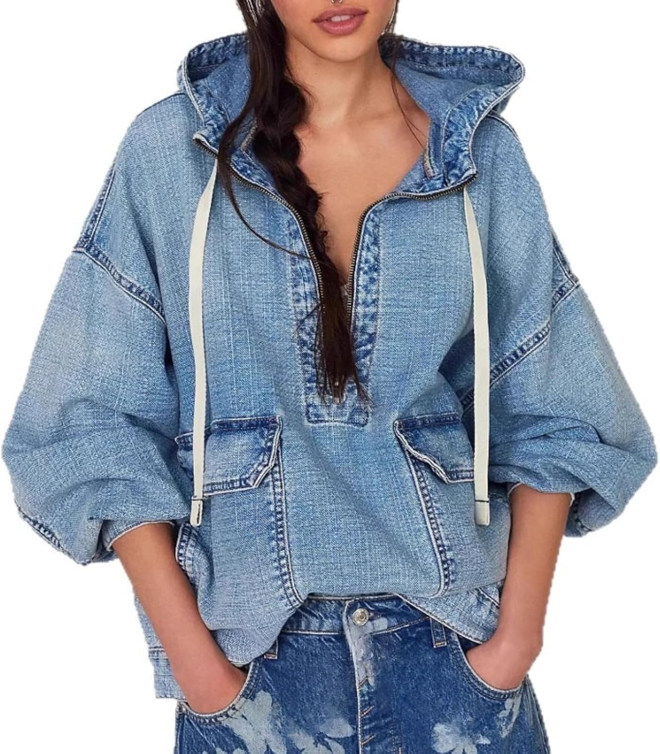 Women's Oversized Denim Hoodie Pullover Light Blue Long Sleeve Drawstring Hooded Jacket Casual Loose Streetwear