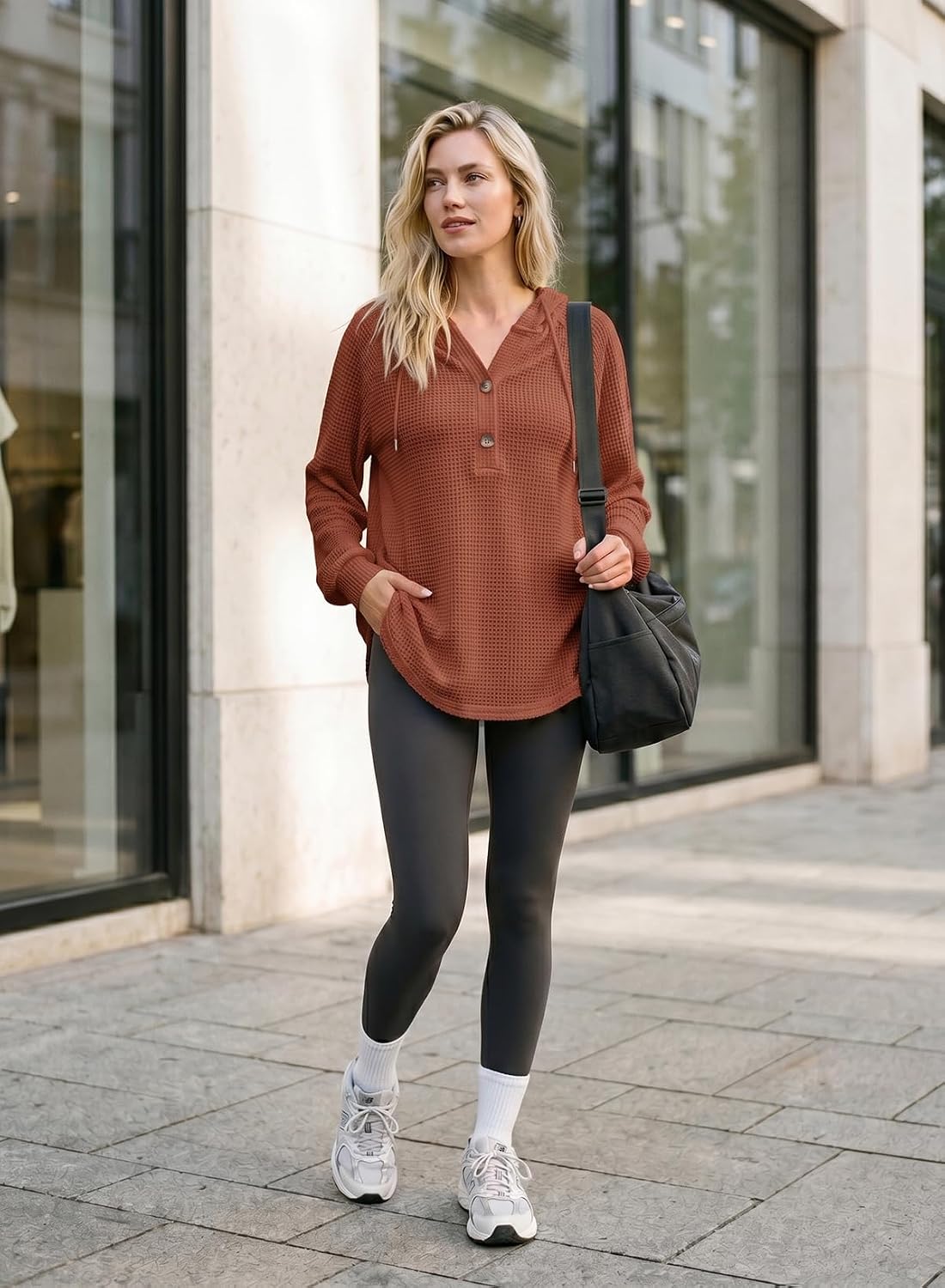 Hoodies for Women Waffle Knit Rust Orange Drawstring Button Neck Hooded Pullover Long Sleeve Casual Loose Tops Hoodies for Women Waffle Knit Rust Orange Drawstring Button Neck Hooded Pullover Long Sleeve Casual Loose Tops
