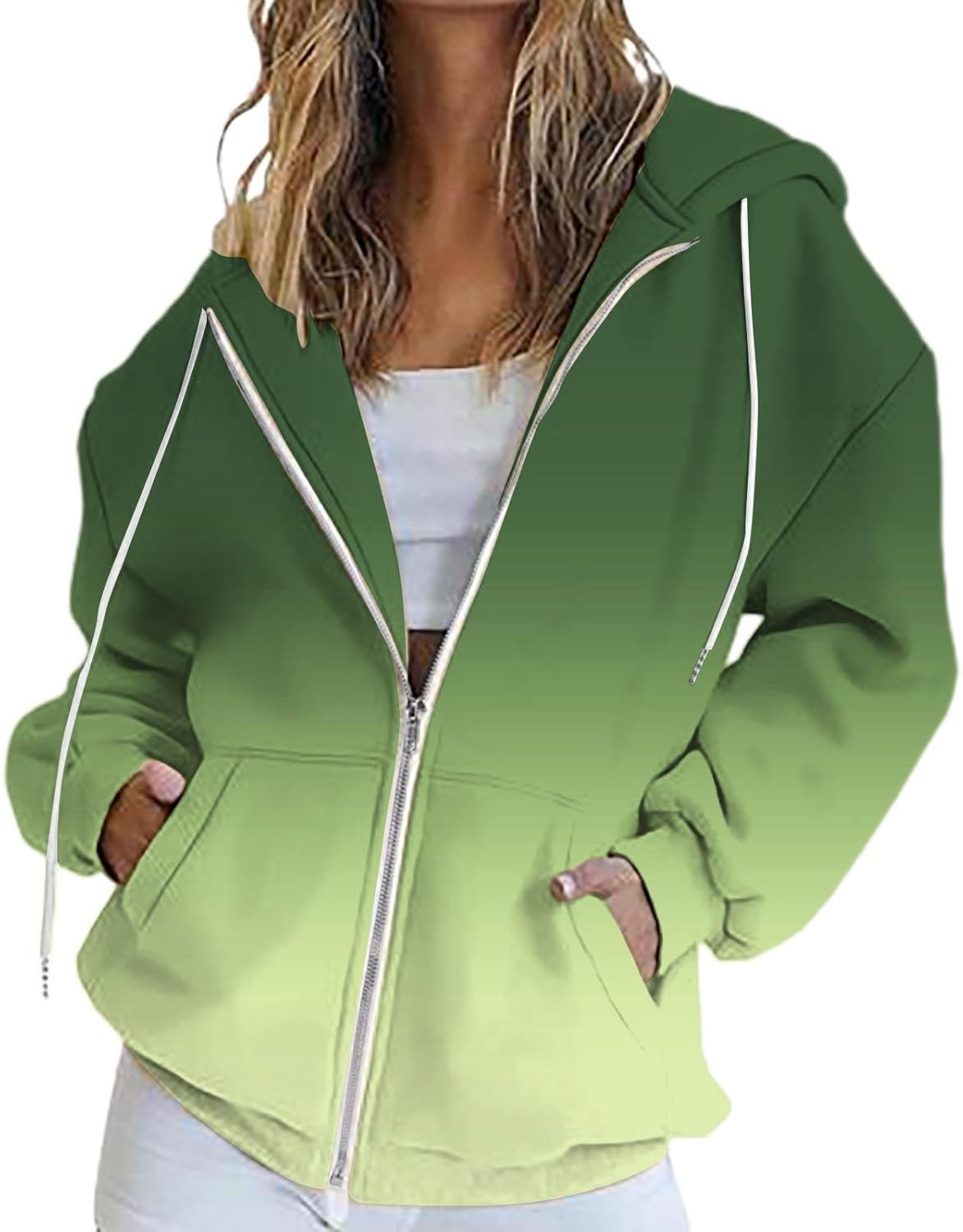 Gradient Ombre Zip Up Hoodie Jacket for Women Green Oversized Long Sleeve Drawstring with Pockets Loose Fall Casual Sweatshirt