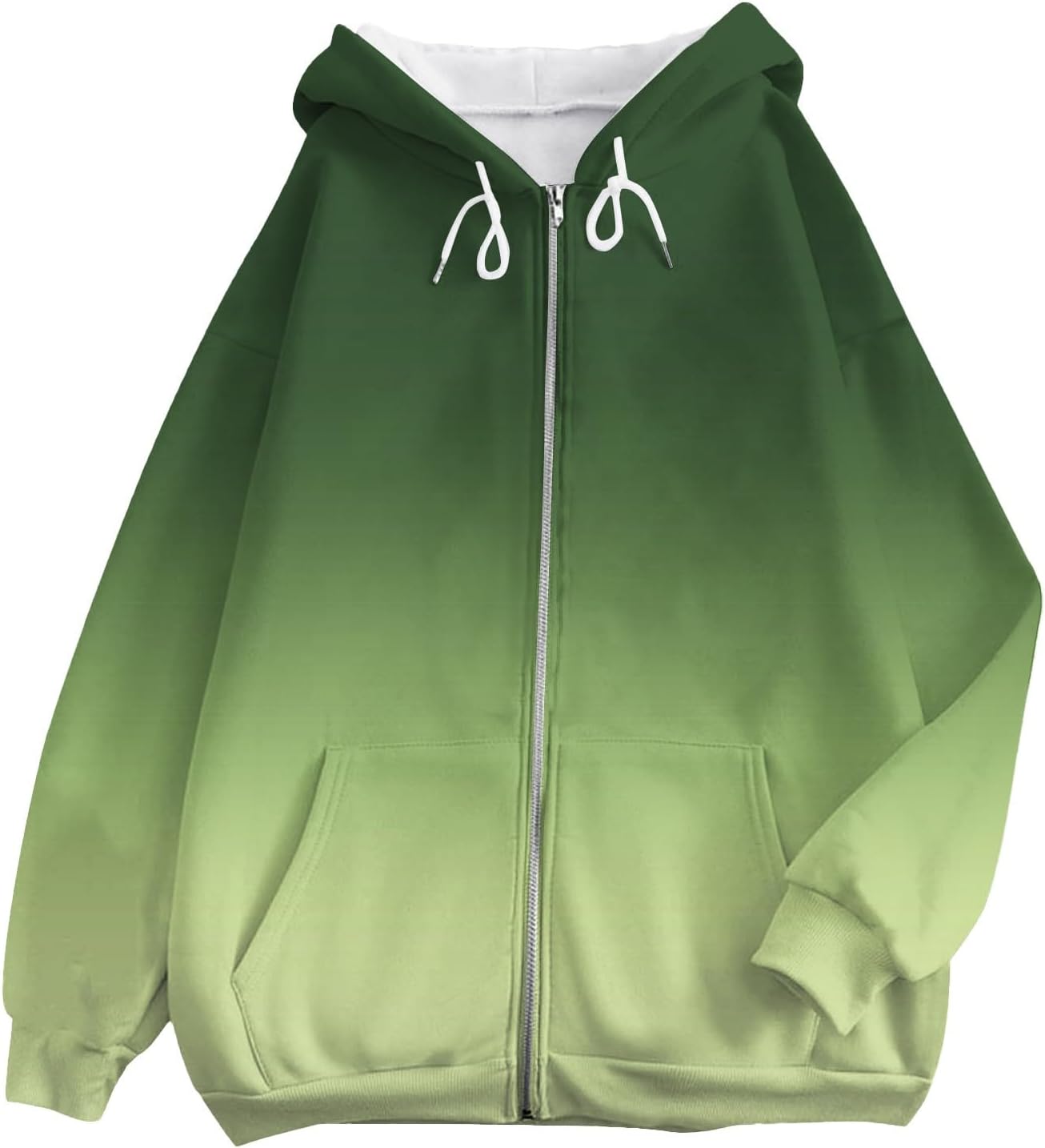Gradient Ombre Zip Up Hoodie Jacket for Women Green Oversized Long Sleeve Drawstring with Pockets Loose Fall Casual Sweatshirt