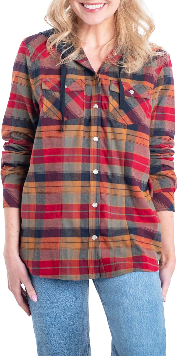 Women's Hooded Flannel Button Up Shirt Rust Orange Plaid Long Sleeve Oversized Casual Fall Jacket
