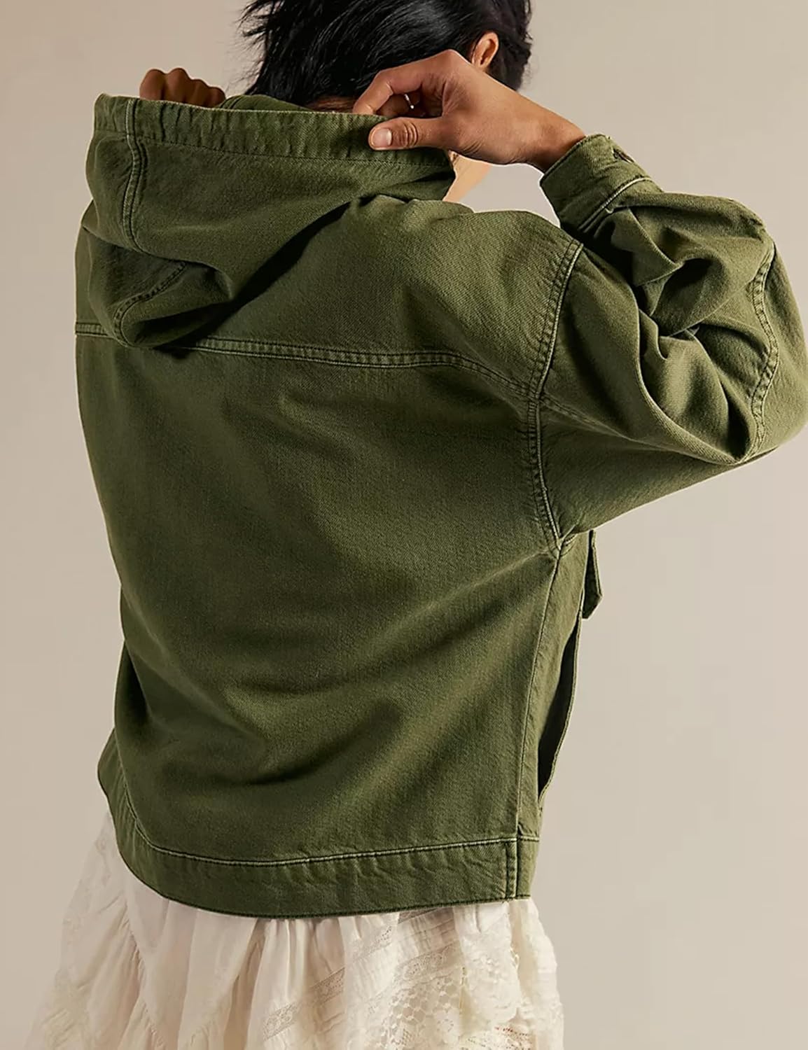 Women's Oversized Hooded Quilted Jacket Olive Green Half Zip Pullover Coat with Pockets Long Sleeve Casual Fall