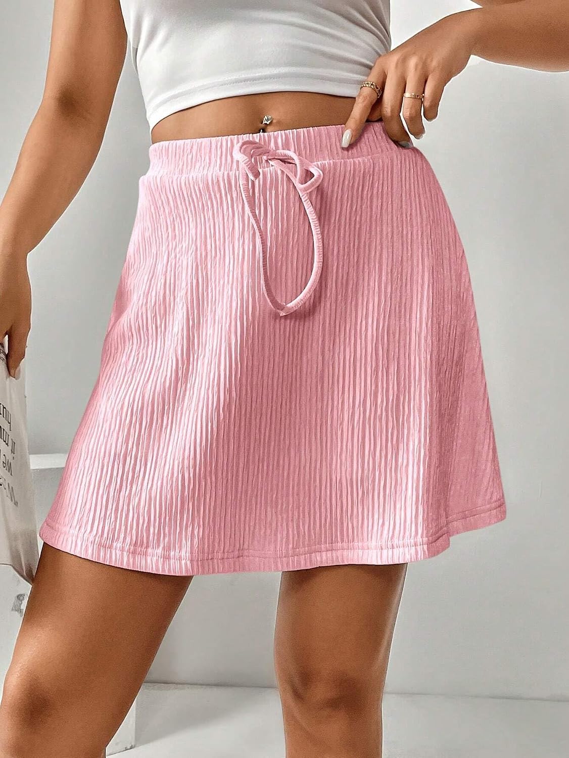 Womens Mini Skirt with Shorts High Waisted Adjustable Drawstring Stretchy Skorts Summer Flowy Skirt