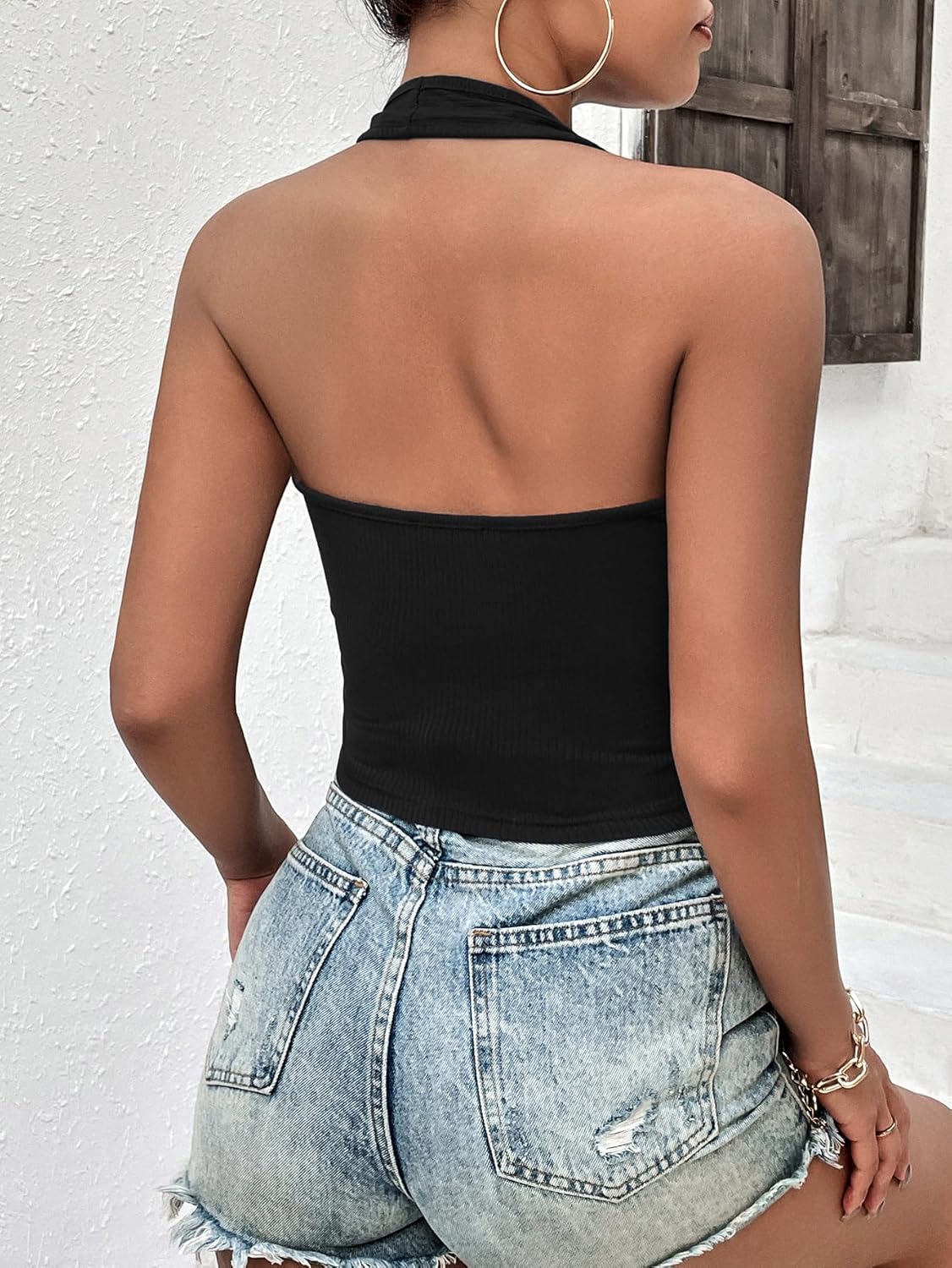 Women Halter Top Backless Scroop Neck Slim Stretchy Ribbed Knit Camisole Crop Tops Women Halter Top Backless Scroop Neck Slim Stretchy Ribbed Knit Camisole Crop Tops