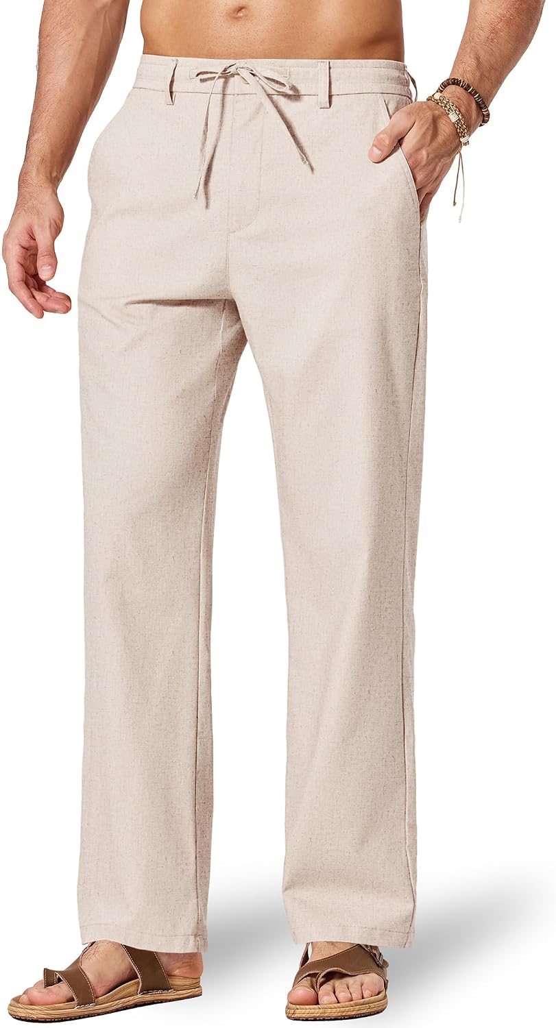 Men's Cotton Linen Pants Casual Drawstring Dress Pants Beach Summer Lightweight Trousers